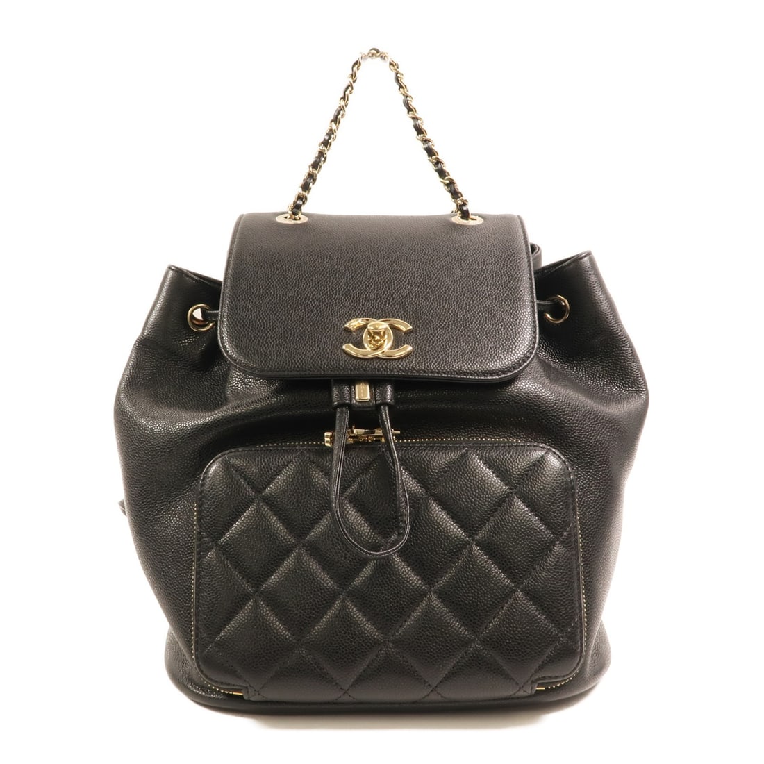 Chanel Affinity Black Calfskin Chain Backpack with Gold Hardware: Chanel Affinity Black Calfskin Chain Backpack with Gold Hardware This Chanel Affinity backpack features black calfskin leather with signature CC detailing and gold-tone hardware. Designed as a rucksac