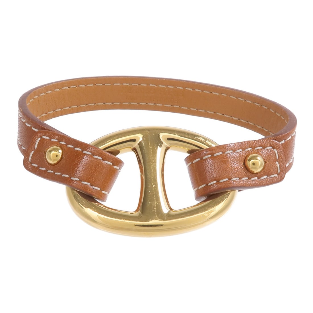 Hermes Granville Brown Calfskin Leather Bracelet with Gold Tone Hardware: Hermes Granville Brown Calfskin Leather Bracelet with Gold Tone Hardware This Hermes Granville bracelet is crafted from brown Tadelakt calfskin leather and features gold tone hardware. Designed for wo