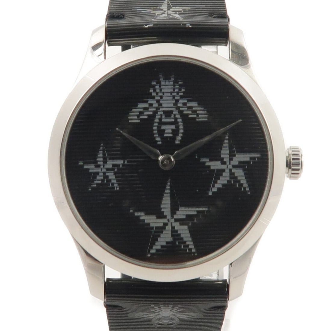 Gucci G Timeless Quartz Stainless Steel Black Mens Wristwatch: Gucci G Timeless Quartz Stainless Steel Black Mens Wristwatch This GUCCI GG G-Timeless wristwatch features a stainless steel case and band with a sleek black dial and frame. Designed for men, it opera