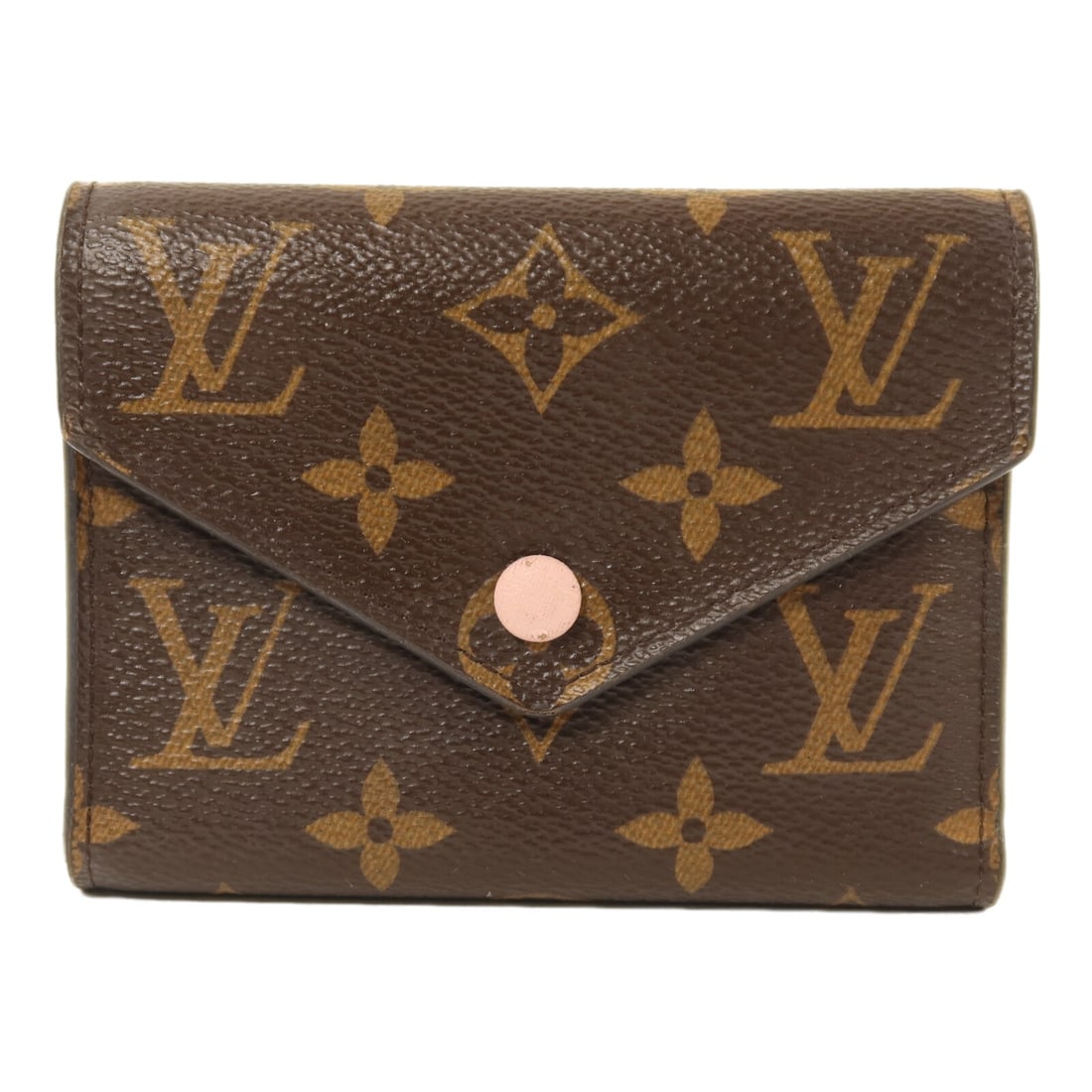 Louis Vuitton Victorine Monogram Pink Brown Tri Fold Wallet M62360 GHW: Louis Vuitton Victorine Monogram Pink Brown Tri Fold Wallet M62360 GHW This Louis Vuitton Victorine tri-fold wallet features a PVC coated canvas construction in the brand's classic monogram pattern wi