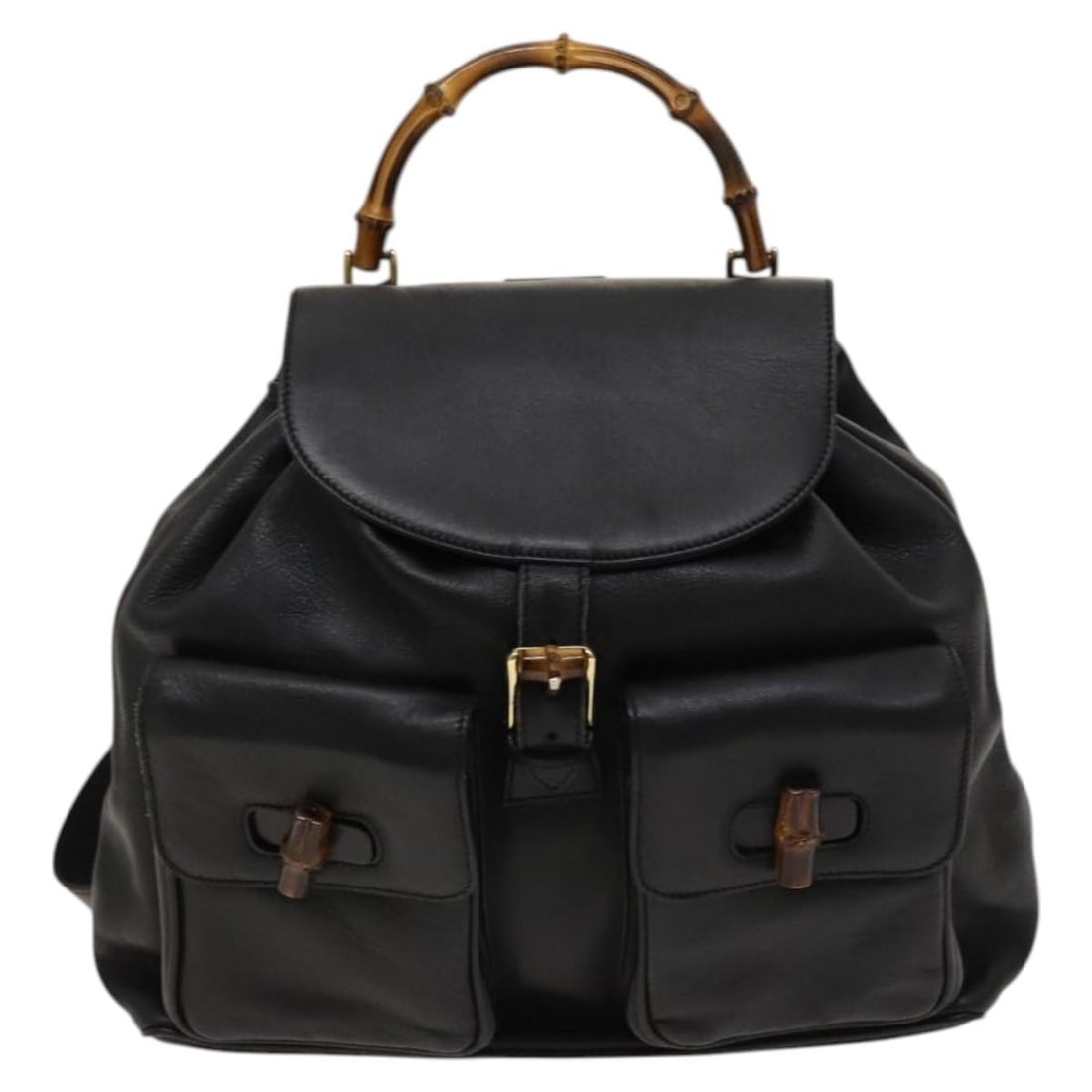 Black Leather Bamboo Backpack by Gucci Vintage Collection: Black Leather Bamboo Backpack by Gucci Vintage Collection This Gucci Vintage Bamboo Backpack is crafted from black leather and features signature bamboo accents. Designed for women, it showcases a cla