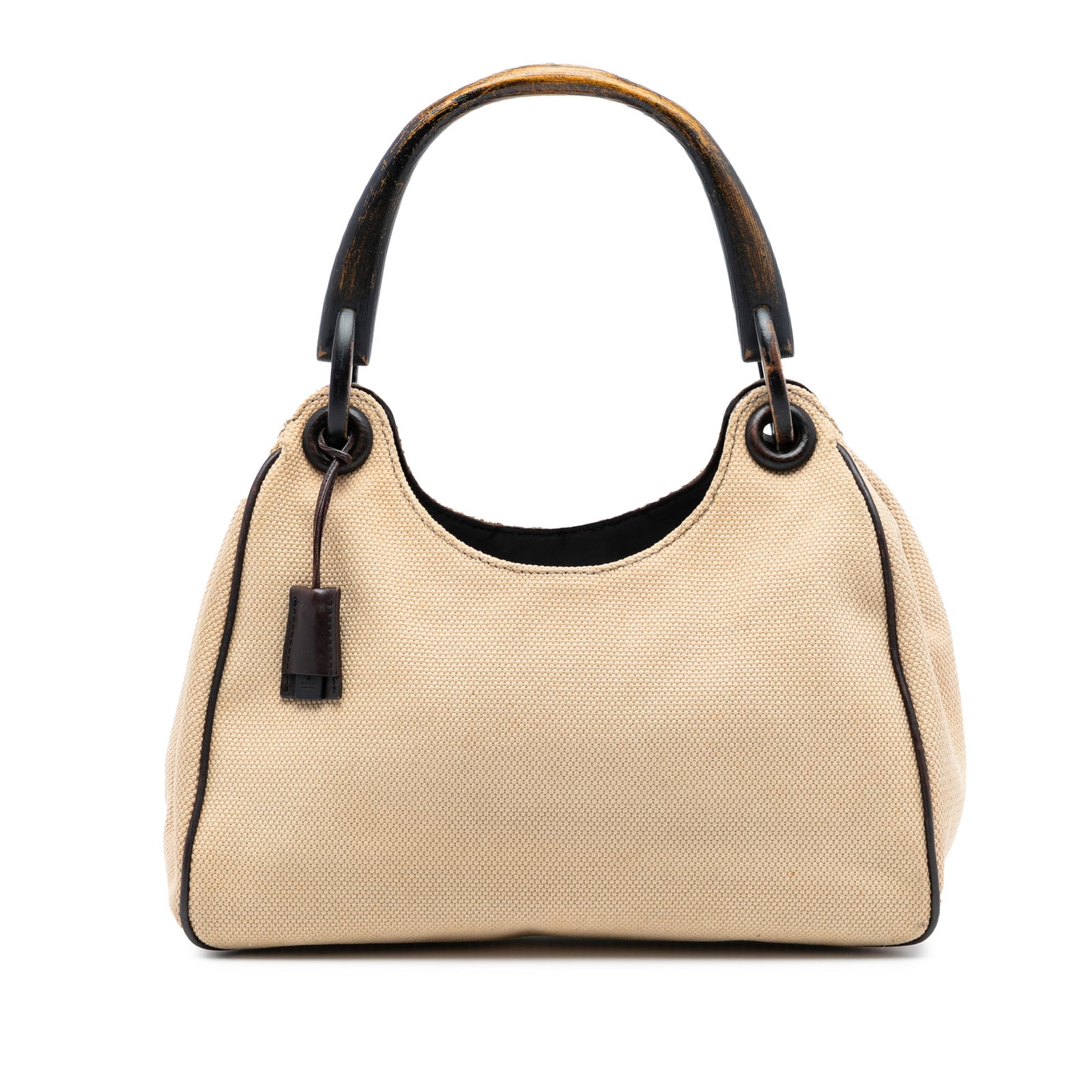 Gucci Canvas Shoulder Bag with Leather Trim and Wooden Handle: Gucci Canvas Shoulder Bag with Leather Trim and Wooden Handle This stylish Gucci Canvas Shoulder Bag combines a durable canvas body with luxurious leather trim, featuring a unique wooden top handle fo