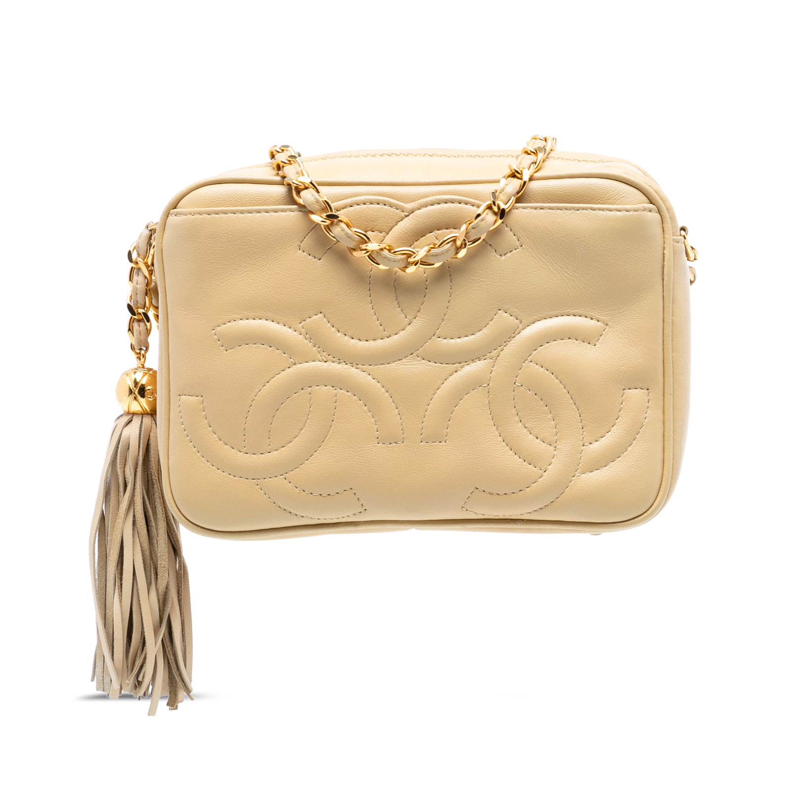 Chanel Lambskin Leather Triple CC Tassel Chain Crossbody Camera Bag: Chanel Lambskin Leather Triple CC Tassel Chain Crossbody Camera Bag This Chanel Triple CC Lambskin Tassel Chain Camera Bag features a brown lambskin leather body with a flat leather strap and a distin