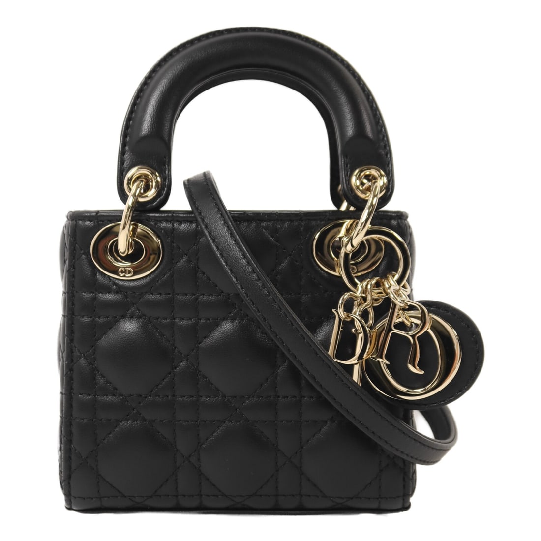 Dior Lady Dior micro lambskin black 2way shoulder bag GHW: Dior Lady Dior micro lambskin black 2way shoulder bag GHW This Lady Dior Micro Shoulder Bag features black lambskin leather with gold-tone hardware accents. Designed in a compact size, it can be worn 