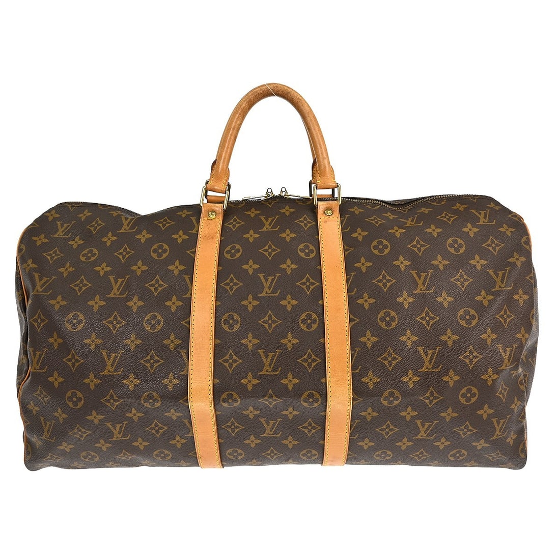 Louis Vuitton Keepall 55 Monogram Canvas Duffle Bag M41424 Travel: Louis Vuitton Keepall 55 Monogram Canvas Duffle Bag M41424 Travel This Louis Vuitton Keepall 55 travel handbag features the signature Monogram canvas leather exterior with beige leather double handles
