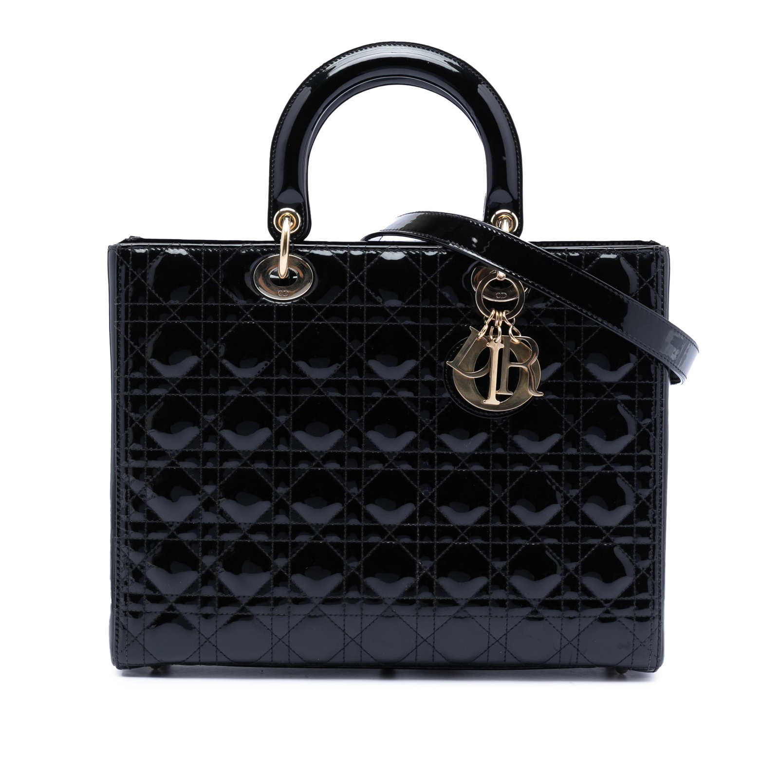 Dior Lady Dior Large Black Patent Cannage Quilted Leather Handbag with Strap: Dior Lady Dior Large Black Patent Cannage Quilted Leather Handbag with Strap This Lady Dior bag showcases a quilted patent leather exterior in black, featuring flat leather top handles, a detachable f