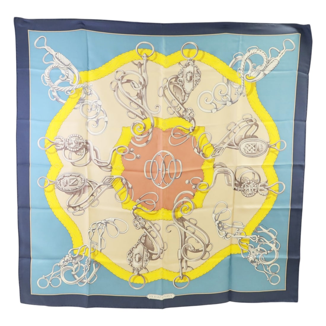 Hermes Silk Square Scarf 90x90 Multicolor for Women: Hermes Silk Square Scarf 90x90 Multicolor for Women Hermes scarf crafted from high-quality silk and featuring a multicolor design with beige, blue, pink, and yellow accents. This women's accessory sho