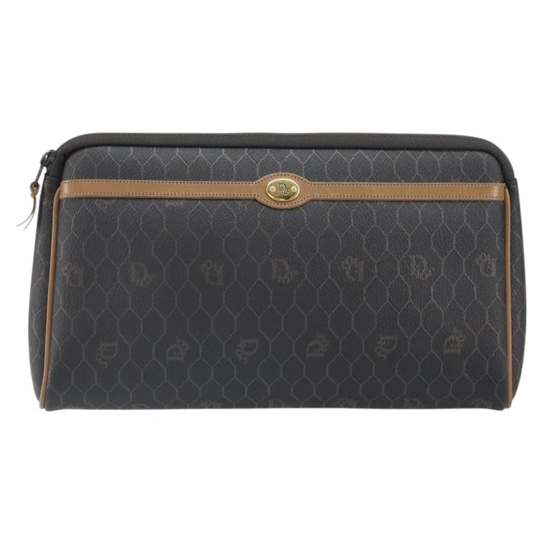 Black Canvas and Leather Vintage Honeycomb Pouch by Christian Dior: Black Canvas and Leather Vintage Honeycomb Pouch by Christian Dior This Christian Dior vintage honeycomb zip pouch features a black canvas exterior with leather accents. Designed for women, it offers 