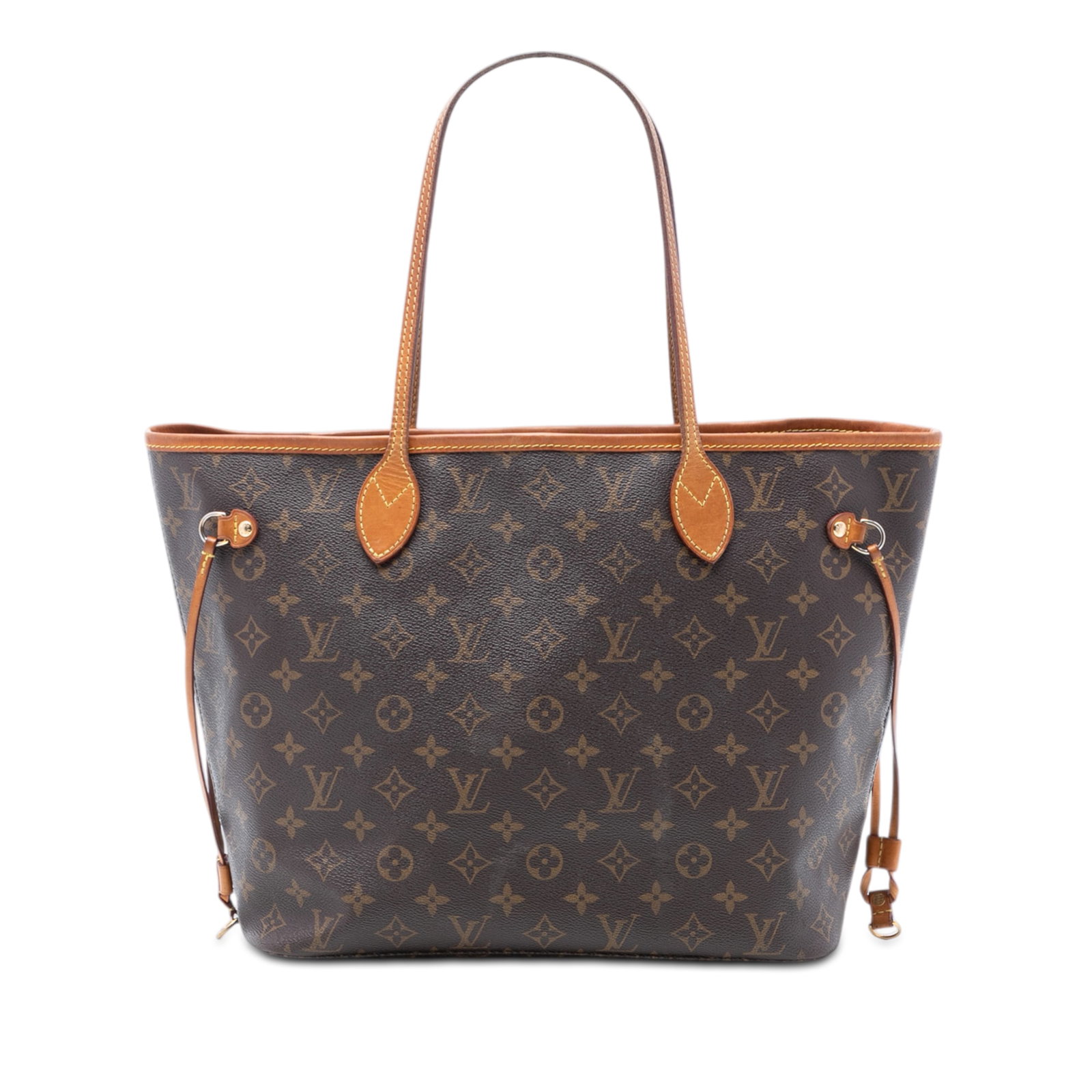Louis Vuitton Neverfull MM Brown Monogram Canvas Tote with Vachetta Leather Trim: Louis Vuitton Neverfull MM Brown Monogram Canvas Tote with Vachetta Leather Trim This Louis Vuitton Monogram Neverfull MM features the brand's iconic monogram canvas with vachetta leather trim and fla
