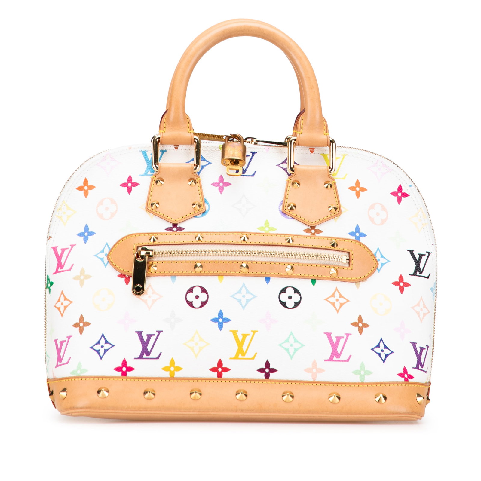 Louis Vuitton Monogram Multicolore Alma PM Bag with Vachetta Trim: Louis Vuitton Monogram Multicolore Alma PM Bag with Vachetta Trim This Louis Vuitton Monogram Multicolore Alma PM is a stylish and iconic handbag crafted from multicolore canvas, adorned with studded 