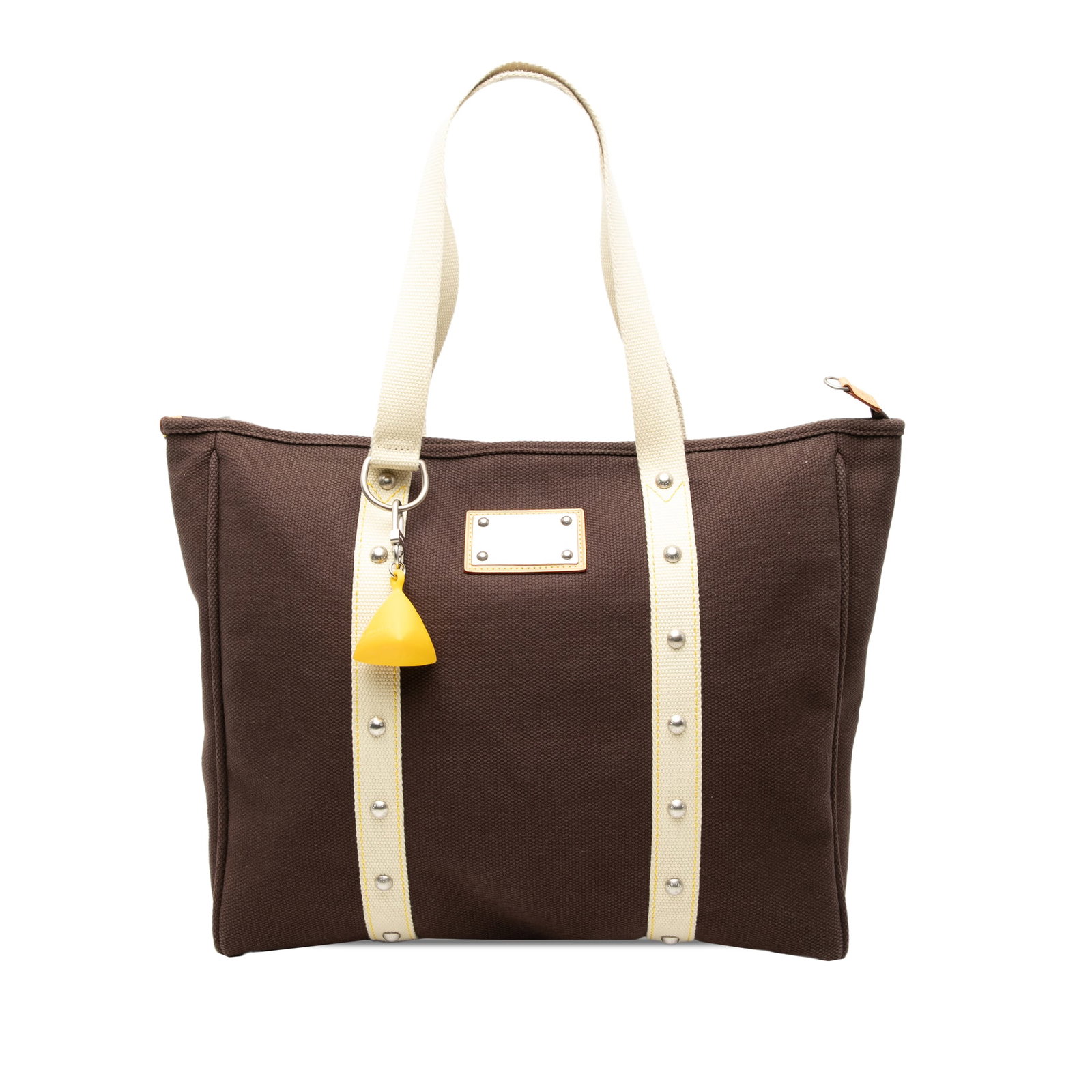 Louis Vuitton Antigua Cabas GM brown canvas tote bag with zip closure: Louis Vuitton Antigua Cabas GM brown canvas tote bag with zip closure The Louis Vuitton Antigua Cabas GM features a brown canvas body with flat shoulder straps, a top zip closure, and an interior slip