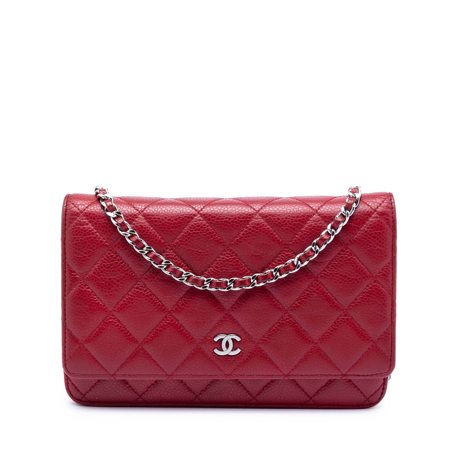 Red Chanel Caviar Leather Wallet on Chain with Quilted Design: Red Chanel Caviar Leather Wallet on Chain with Quilted Design This Chanel CC Quilted Caviar Wallet on Chain features a red quilted caviar leather body, complemented by a silver-tone leather-woven
