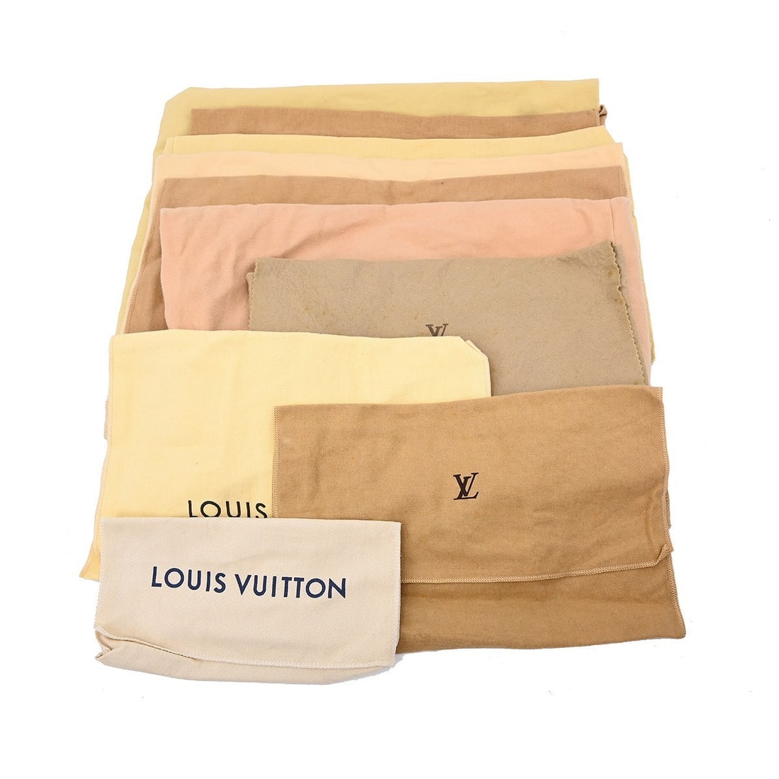 Set of 10 Louis Vuitton Beige Brown Cotton Dustbags: Set of 10 Louis Vuitton Beige Brown Cotton Dustbags This is a set of 10 Louis Vuitton dust bags made from 100% cotton in brown and beige. Designed for unisex use, these dust bags provide protection fo