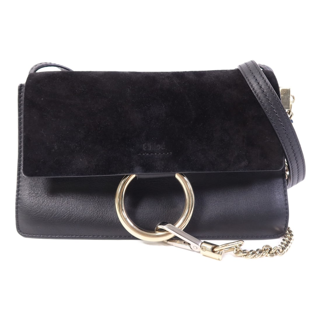 Chloe Black Calfskin Shoulder Bag with Gold Tone Hardware: Chloe Black Calfskin Shoulder Bag with Gold Tone Hardware This Chloe shoulder bag is crafted from black calfskin leather, featuring a sleek and classic design. Made in France, it offers a regular size
