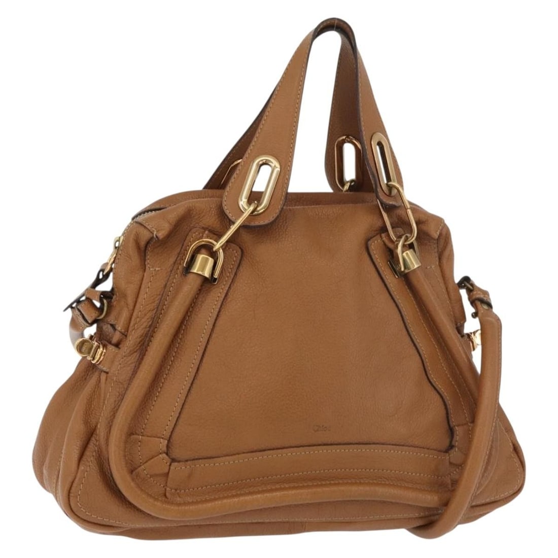 Chloe Brown Gold Leather 2way Shoulder Strap Handbag Italy: Chloe Brown Gold Leather 2way Shoulder Strap Handbag Italy This Chloe Paraty 2-way handbag is crafted from leather in a brown and gold color scheme. Designed for versatility, it can be carried by hand