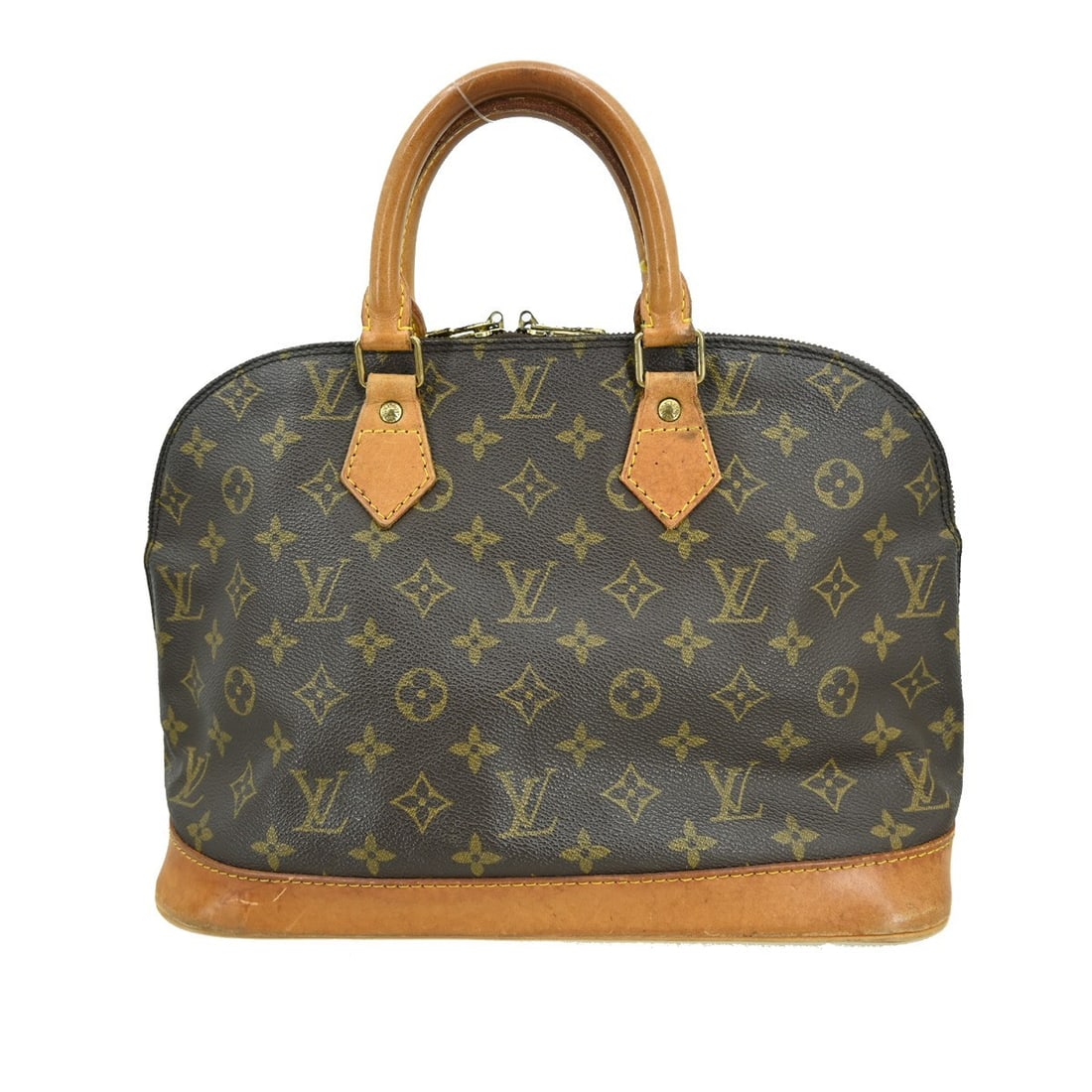 Louis Vuitton Alma Monogram Canvas Medium Handbag M51130 Brown: Louis Vuitton Alma Monogram Canvas Medium Handbag M51130 Brown This Louis Vuitton Alma handbag features the iconic Monogram canvas design with beige double handles and logo accents. The bag is medium-