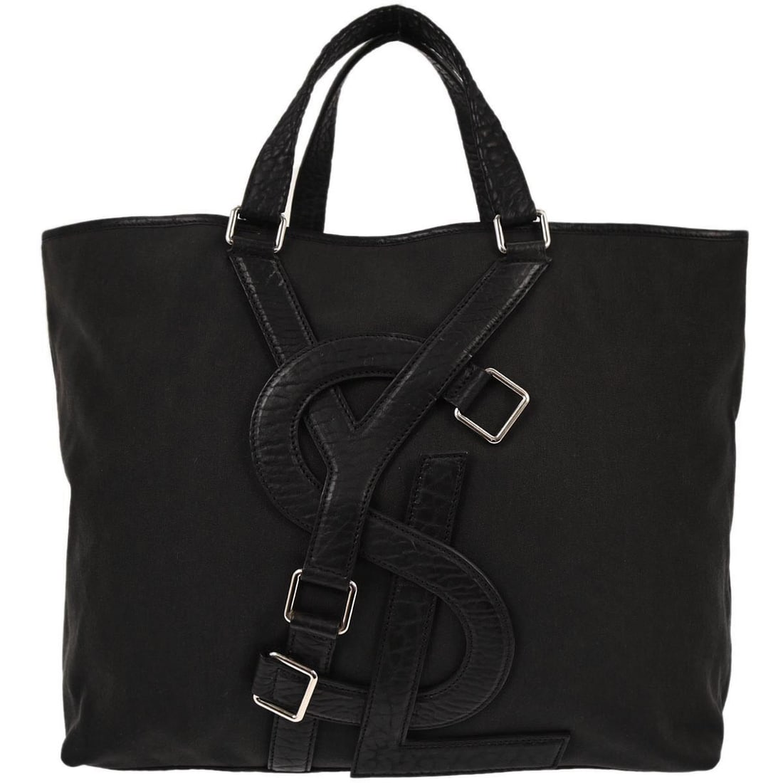 Saint Laurent Vavin Black Canvas Leather Extra Large Tote with Logo Accent: Saint Laurent Vavin Black Canvas Leather Extra Large Tote with Logo Accent This Yves Saint Laurent Vavin tote bag features a black canvas and leather exterior with logo accents. Designed for women, th