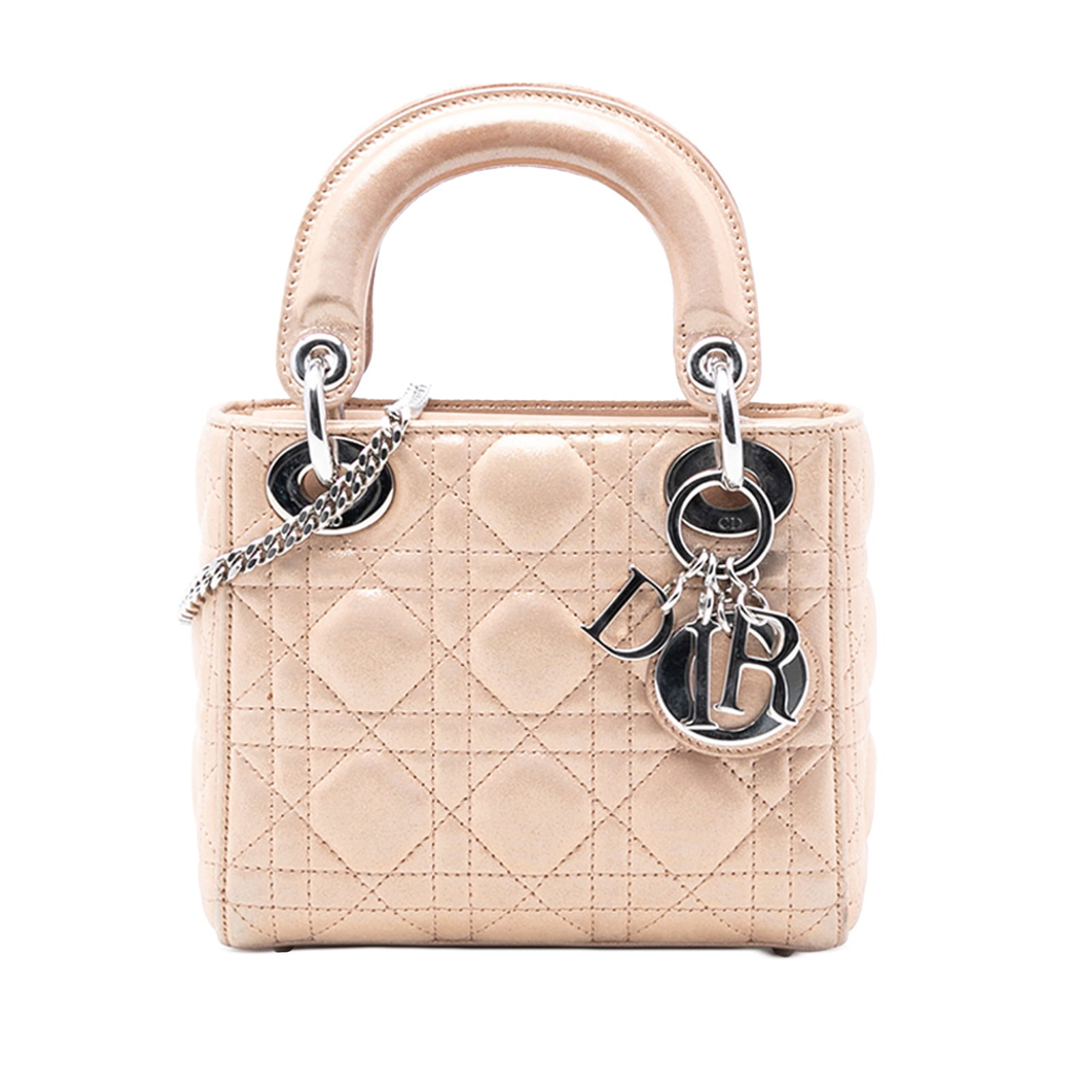 Dior Lady Dior Mini Cannage Iridescent Lambskin Brown Shoulder Bag: Dior Lady Dior Mini Cannage Iridescent Lambskin Brown Shoulder Bag This Lady Dior Mini Iridescent Lambskin Cannage bag features a quilted lambskin body in brown, flat leather top handles, a detachable