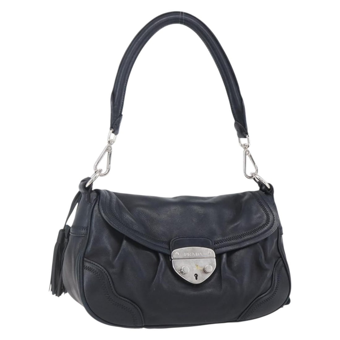 Prada Pushlock Black Leather Shoulder Bag for Women: Prada Pushlock Black Leather Shoulder Bag for Women This Prada Pushlock Shoulder Bag is crafted from black leather and designed for women. It features a structured silhouette with a pushlock closure, 