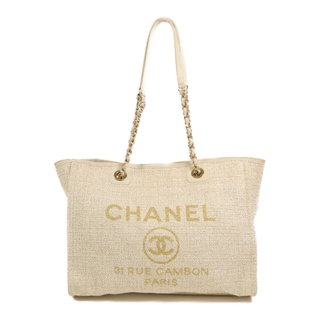 CHANEL Deauville MM Beige Canvas Tote Bag GHW A67001: CHANEL Deauville MM Beige Canvas Tote Bag GHW A67001 This CHANEL Deauville MM tote bag features a beige canvas exterior with gold-tone hardware. Designed for women, it offers ample space and a classic