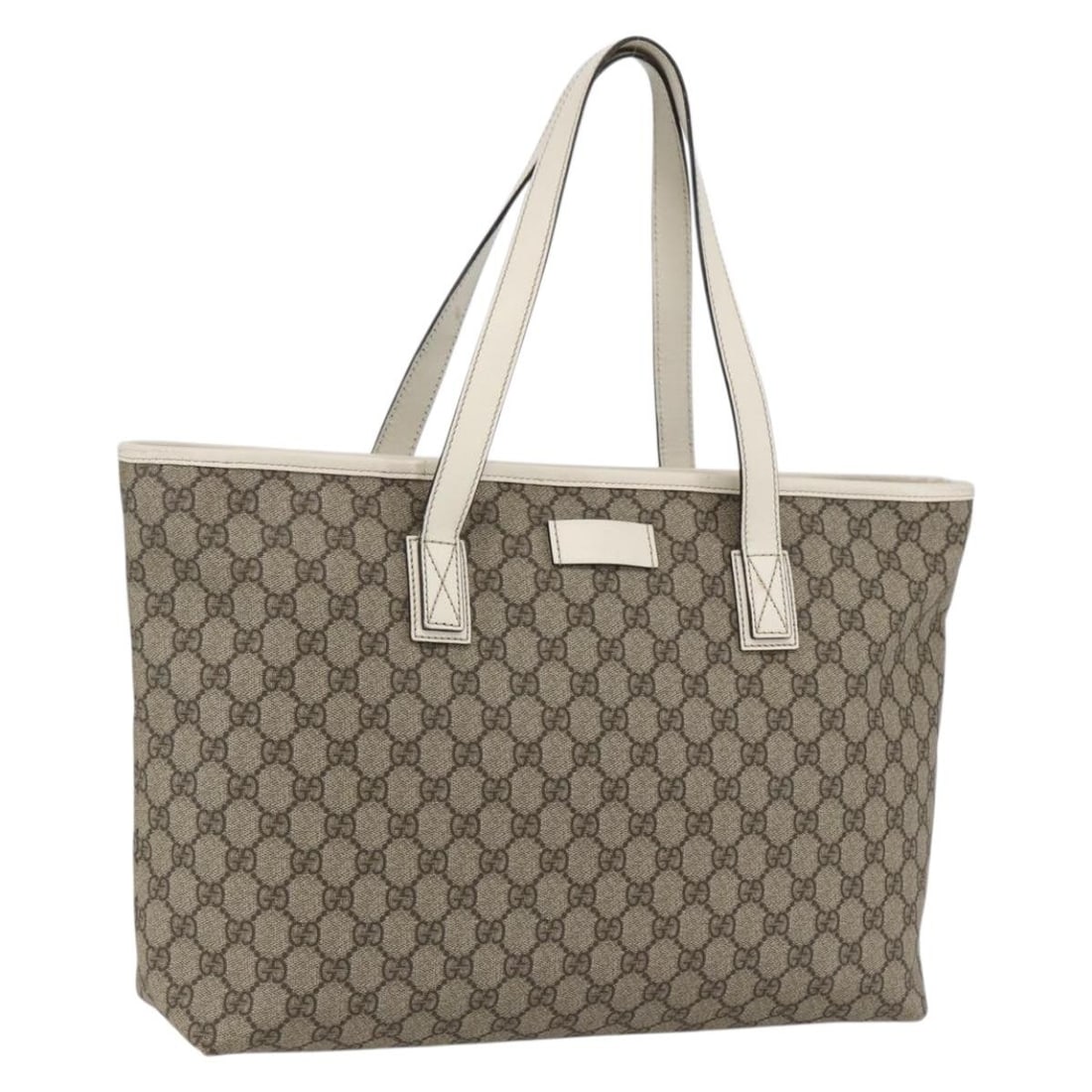 Plus Tote Beige Canvas Handbag by Gucci with Leather Trim: Plus Tote Beige Canvas Handbag by Gucci with Leather Trim This Gucci Plus Tote features the iconic GG coated canvas with leather trim in beige. Designed for female use, it offers a spacious interior a