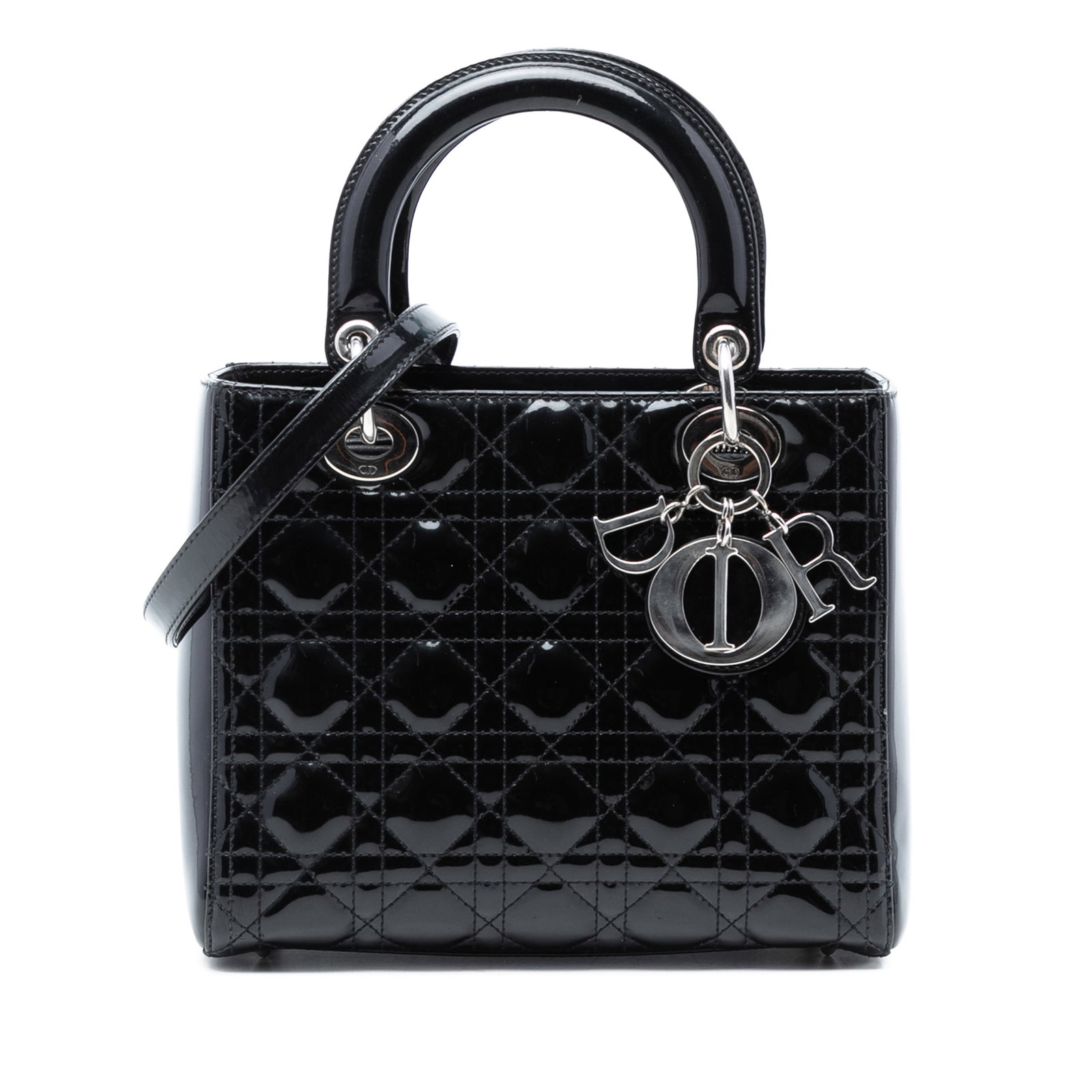 Dior Lady Dior Medium Black Patent Cannage Quilted Leather Handbag: Dior Lady Dior Medium Black Patent Cannage Quilted Leather Handbag This Lady Dior Medium Patent Cannage handbag features a quilted patent leather exterior in black, flat leather top handles, a detacha