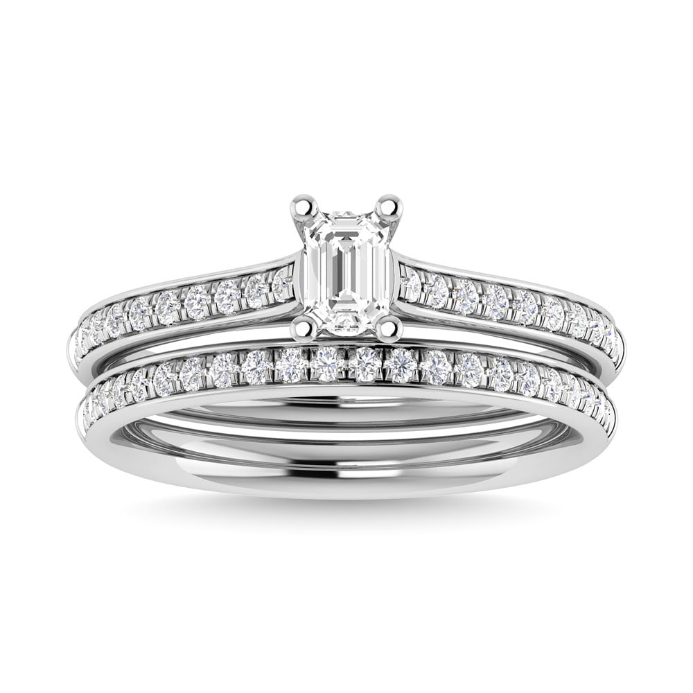 Diamond 3/4 Ct.Tw. Emerald Shape Bridal Ring in 14K White Gold: Diamond 3/4 Ct.Tw. Emerald Shape Bridal Ring in 14K White Gold 14k White Gold Stone Color: G-h Stone Clarity: I1 Each ring is presented in standard size 6.5. Complimentary resizing is available betwee