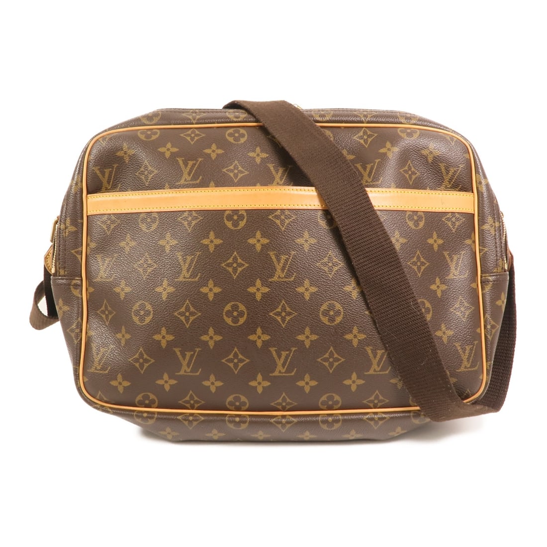 Louis Vuitton Monogram Reporter GM Shoulder Bag with Gold Hardware Brown: Louis Vuitton Monogram Reporter GM Shoulder Bag with Gold Hardware Brown This Louis Vuitton Reporter GM shoulder bag features the iconic Monogram brown PVC coated canvas exterior. Designed for women, 