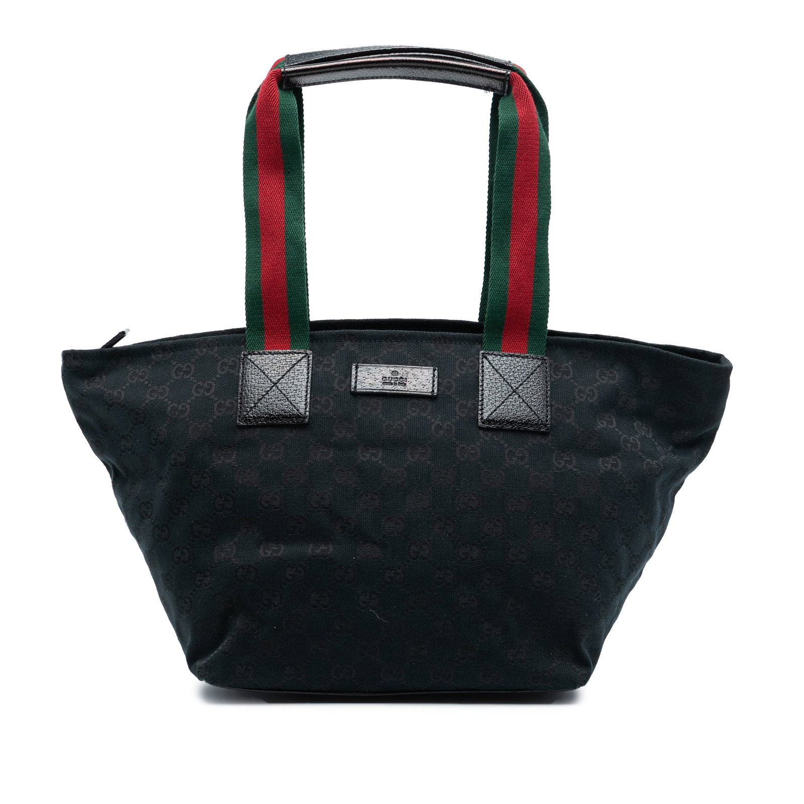 Gucci Blue GG Canvas Web Tote Bag with Leather Trim: Gucci Blue GG Canvas Web Tote Bag with Leather Trim This Gucci GG Canvas Web Tote features a durable canvas body with leather trim, flat nylon handles, a secure top zip closure, and an interior zip po