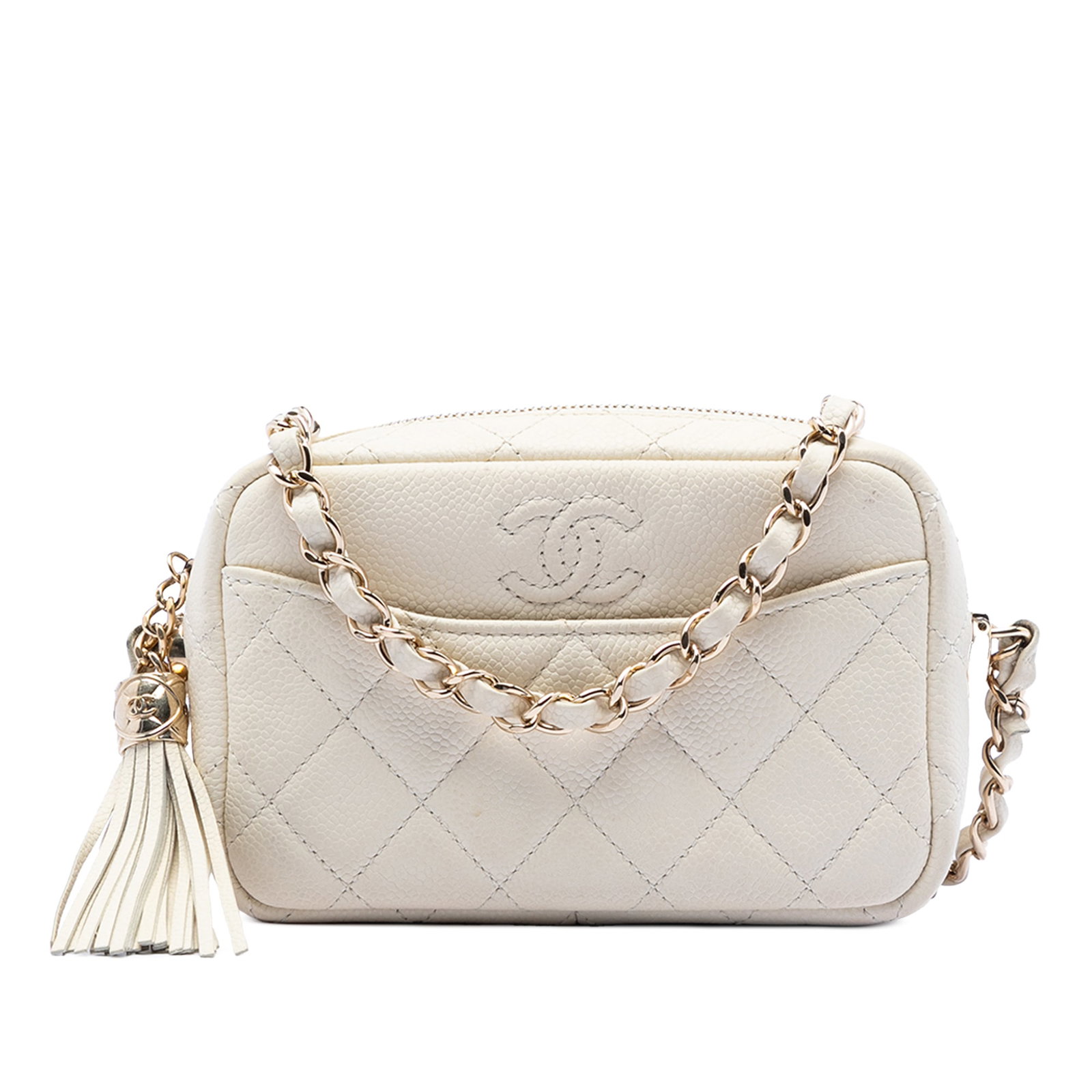Chanel Mini Caviar Leather Camera Bag with Tassel and Chain Strap: Chanel Mini Caviar Leather Camera Bag with Tassel and Chain Strap This Chanel Mini Quilted Caviar Coco Tassel Camera Case is crafted from quilted caviar leather in white and features a leather-woven c