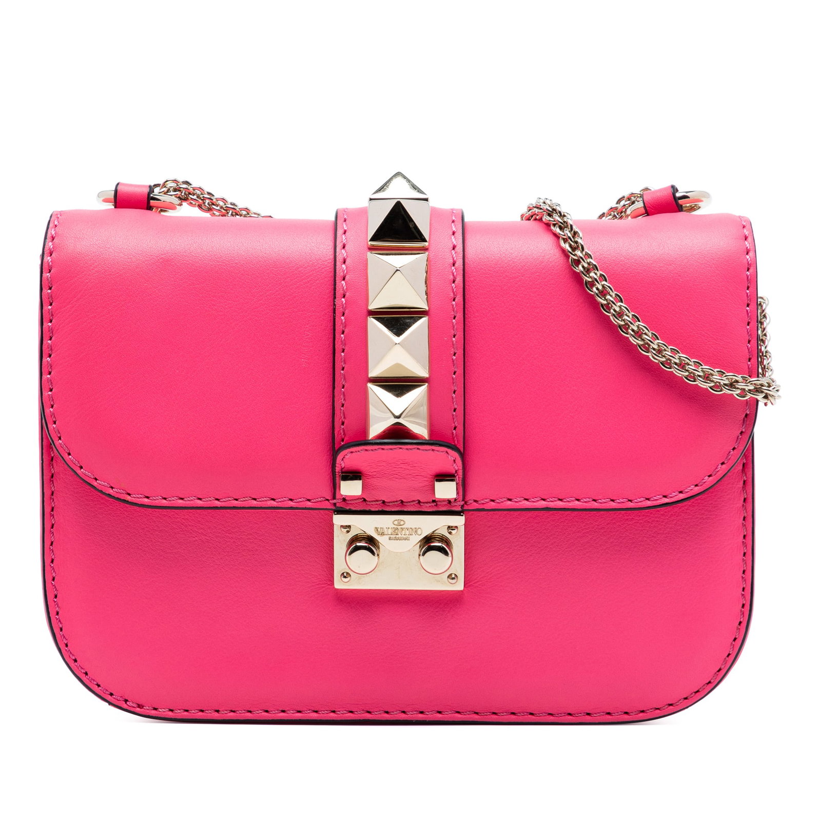 Pink Leather Valentino Rockstud Small Glam Lock Chain Shoulder Bag: Pink Leather Valentino Rockstud Small Glam Lock Chain Shoulder Bag This Valentino Small Rockstud Glam Lock Crossbody features a pink leather body accented with signature rockstud detailing. It is desi
