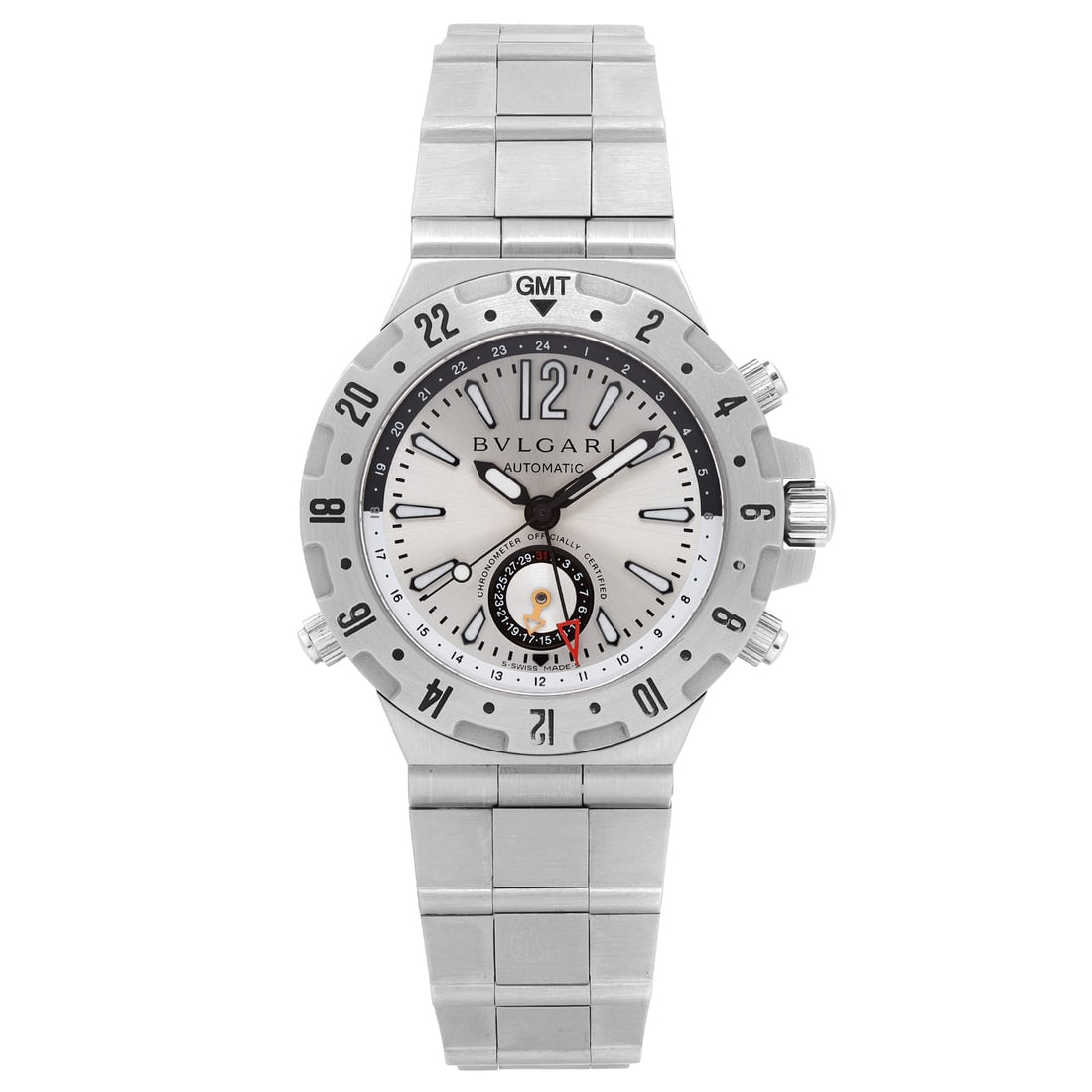 Bvlgari Diagono Professional GMT 40mm Stainless Steel Automatic Watch GMT40S: Bvlgari Diagono Professional GMT 40mm Stainless Steel Automatic Watch GMT40S Experience the elegance and precision of the Bvlgari Diagono Professional GMT wristwatch. This stylish 40mm timepiece is cr