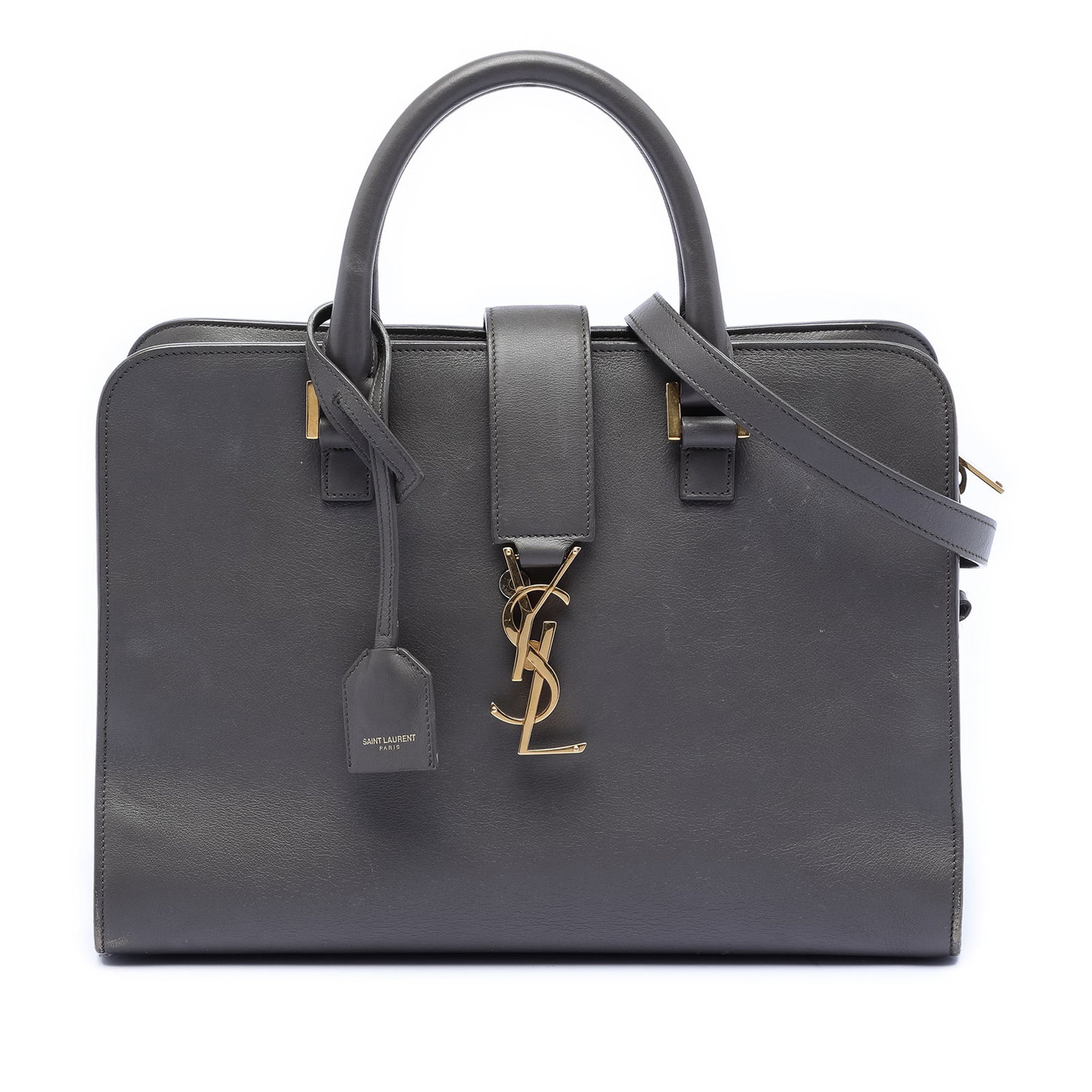 Saint Laurent Monogram Cabas Small Gray Leather Satchel with Gold YSL Hardware: Saint Laurent Monogram Cabas Small Gray Leather Satchel with Gold YSL Hardware This Saint Laurent Small Leather Monogram Cabas Satchel features a gray leather body with rolled leather handles and a de