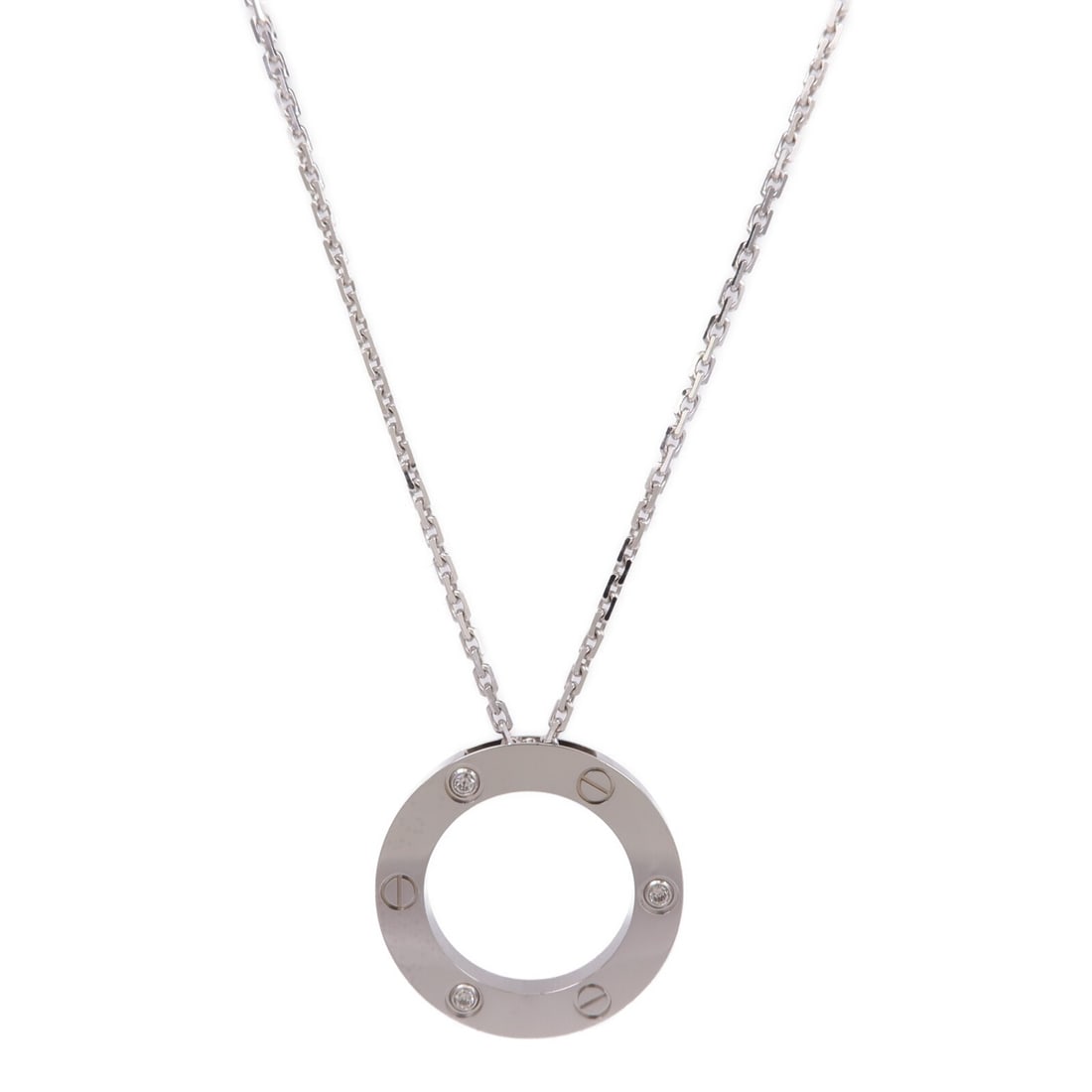 Cartier Love 18K White Gold Necklace with 3 Diamonds: Cartier Love 18K White Gold Necklace with 3 Diamonds This Cartier Love necklace features three sparkling diamonds set in 18K white gold. Designed for women, it showcases the iconic Love collection's e