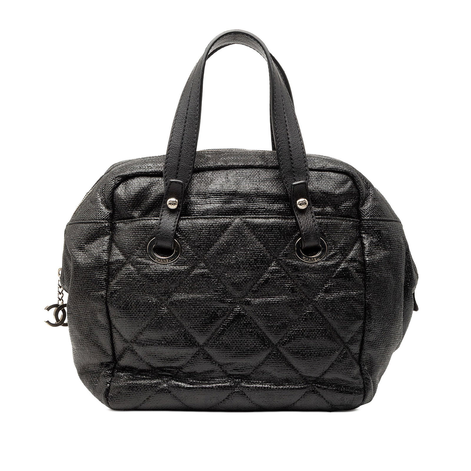 Paris Biarritz Bowler Handbag Quilted Coated Canvas with Leather Handles: Paris Biarritz Bowler Handbag Quilted Coated Canvas with Leather Handles This Chanel Paris Biarritz Bowler Bag features a quilted coated canvas exterior with flat leather handles, a top zip closure, a