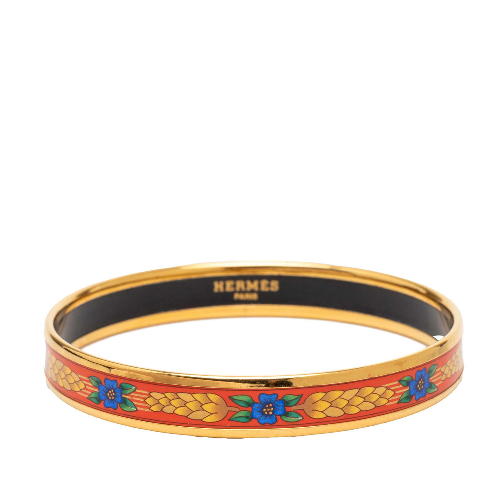 Hermes Floral Wheat Motif Red Enamel Gold Plated Slim Bangle Bracelet: Hermes Floral Wheat Motif Red Enamel Gold Plated Slim Bangle Bracelet This Hermes Narrow Floral and Wheat Enamel Bangle 62 features a printed enamel surface with a gold-plated metal base. The bracelet