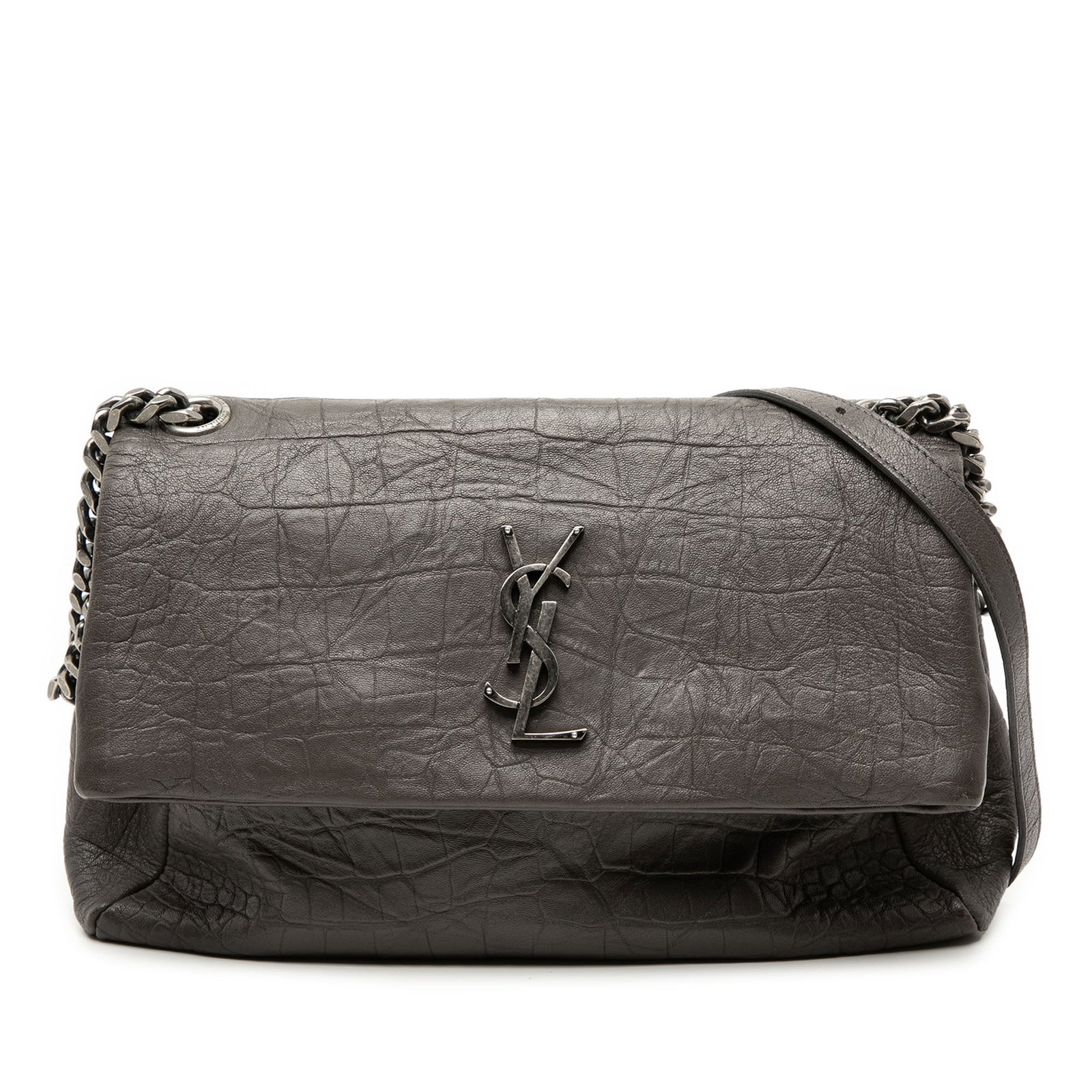 Saint Laurent West Hollywood Medium Croc Embossed Leather Crossbody Bag: Saint Laurent West Hollywood Medium Croc Embossed Leather Crossbody Bag This Saint Laurent Medium West Hollywood crossbody bag features a gray croc-embossed leather exterior, a curb chain link with an