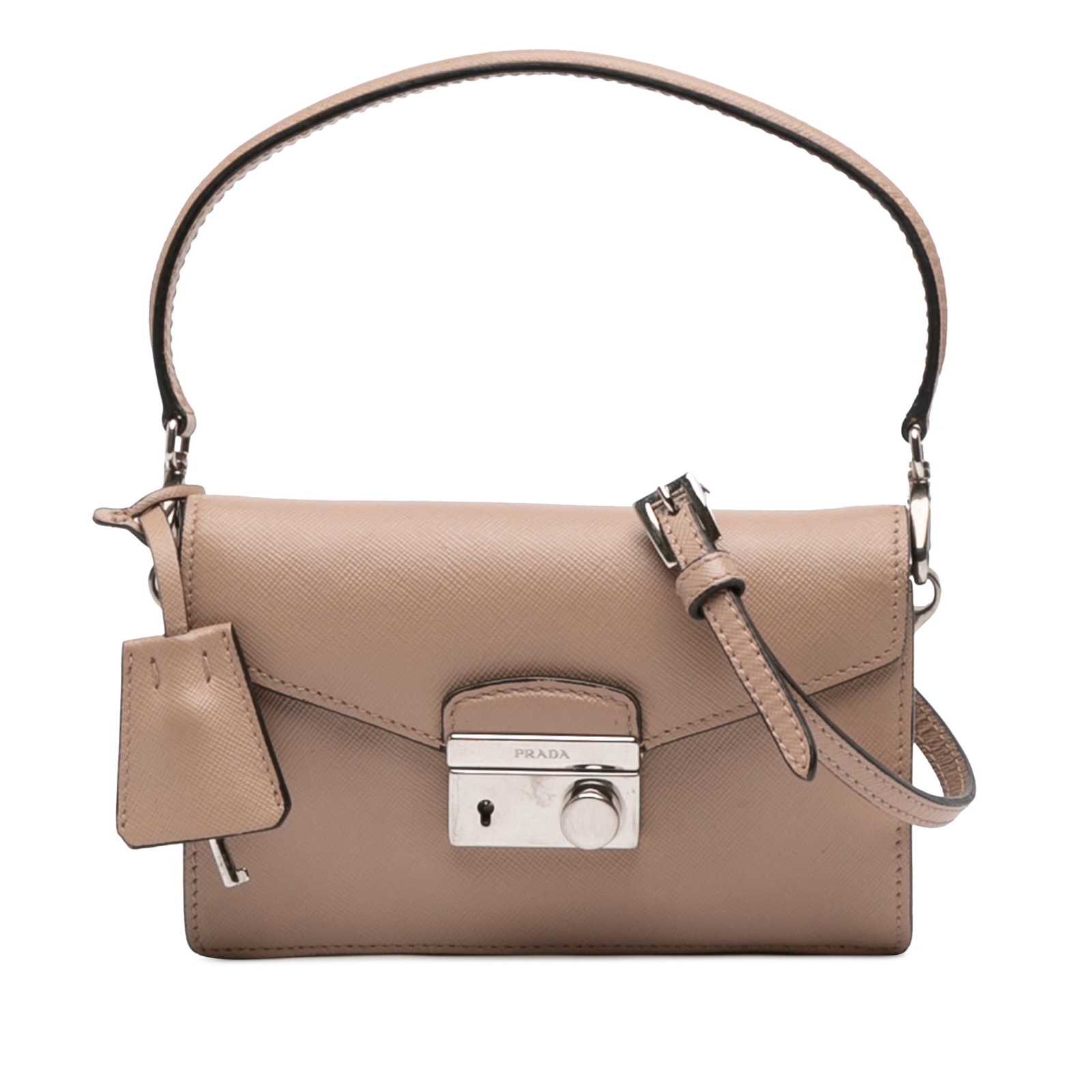 Prada Mini Saffiano Leather Beige Satchel with Sound Lock: Prada Mini Saffiano Leather Beige Satchel with Sound Lock This Prada Mini Saffiano Lux Sound Lock Satchel is crafted from beige saffiano leather and features a flat top handle, a detachable flat leath