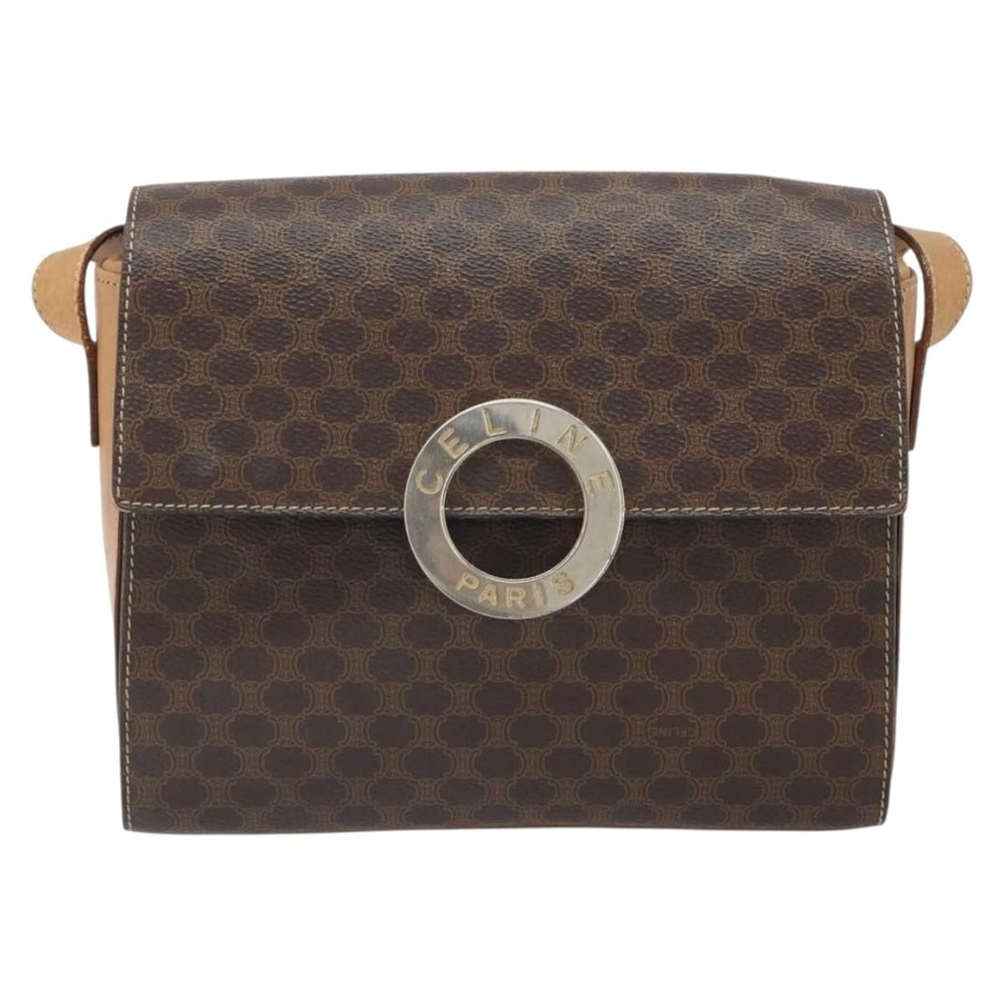 Celine Macadam Circle Logo Brown Shoulder Bag Canvas and Leather: Celine Macadam Circle Logo Brown Shoulder Bag Canvas and Leather This Celine Vintage Macadam Circle Logo Shoulder Bag is crafted from brown canvas with leather accents. Designed for women, it features