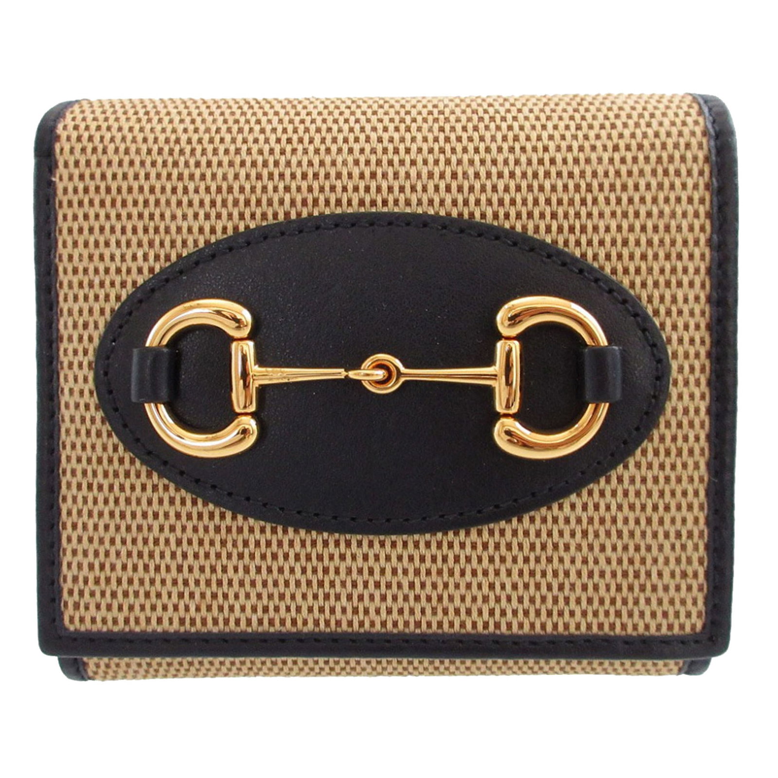 Horsebit 1955 Small Bifold Wallet in Canvas and Leather by Gucci: Horsebit 1955 Small Bifold Wallet in Canvas and Leather by Gucci This Gucci Canvas Horsebit 1955 Bifold Wallet features a beige canvas body with leather trim, a front flap with snap button closure, an