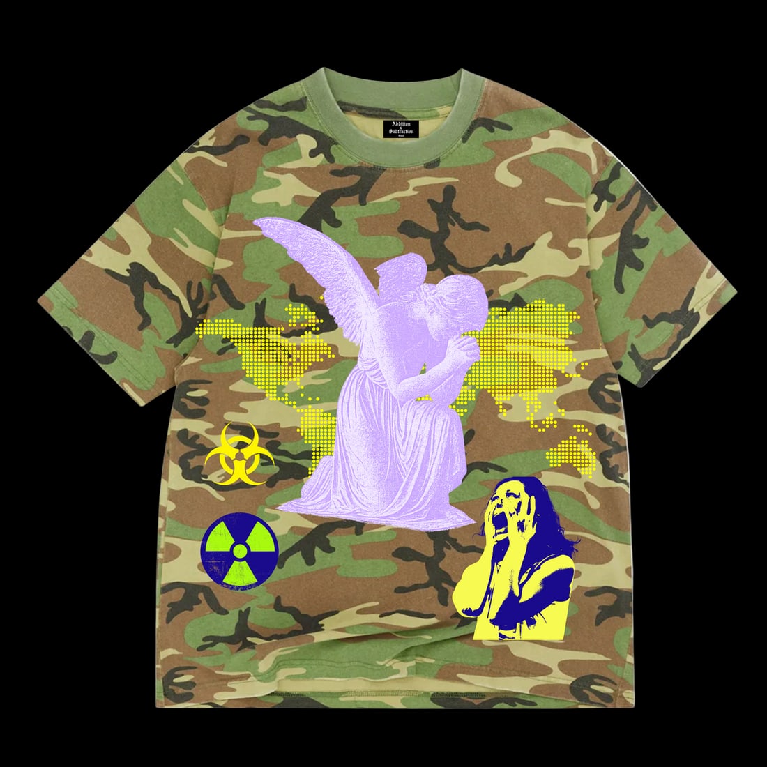 Medium Apocalypse Wow Camo T-shirt by Addition By Subtraction: Medium Apocalypse Wow Camo T-shirt by Addition By Subtraction This is the Addition By Subtraction Apocalypse Wow Camo Tee, featuring a camouflage pattern and a bold design. The tee is offered in a med