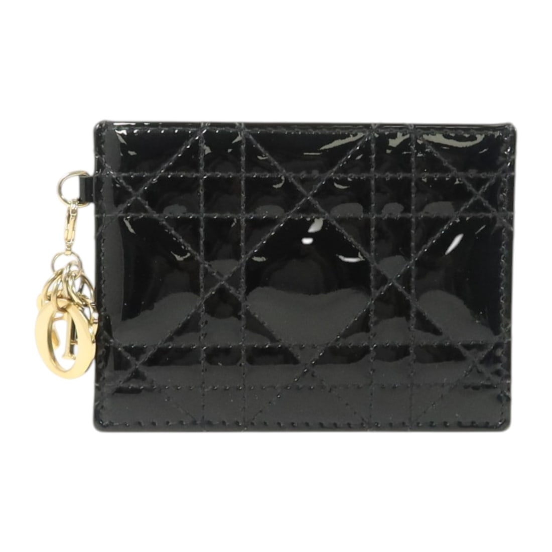 Lady Dior Black Patent Leather Card Case with Gold Hardware: Lady Dior Black Patent Leather Card Case with Gold Hardware This is a Christian Dior Lady Dior card case crafted from black patent leather. Designed for women, it features gold-tone hardware and is ma