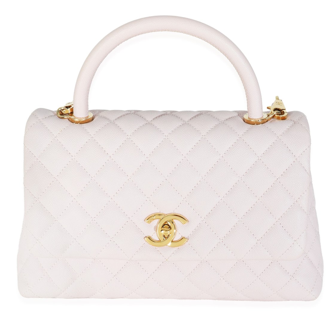 Medium Coco Top Handle Leather Bag in Pink with Removable Straps: Medium Coco Top Handle Leather Bag in Pink with Removable Straps This Chanel Medium Coco Top Handle handbag features a light pink quilted caviar leather exterior with gold-tone hardware. It offers ver