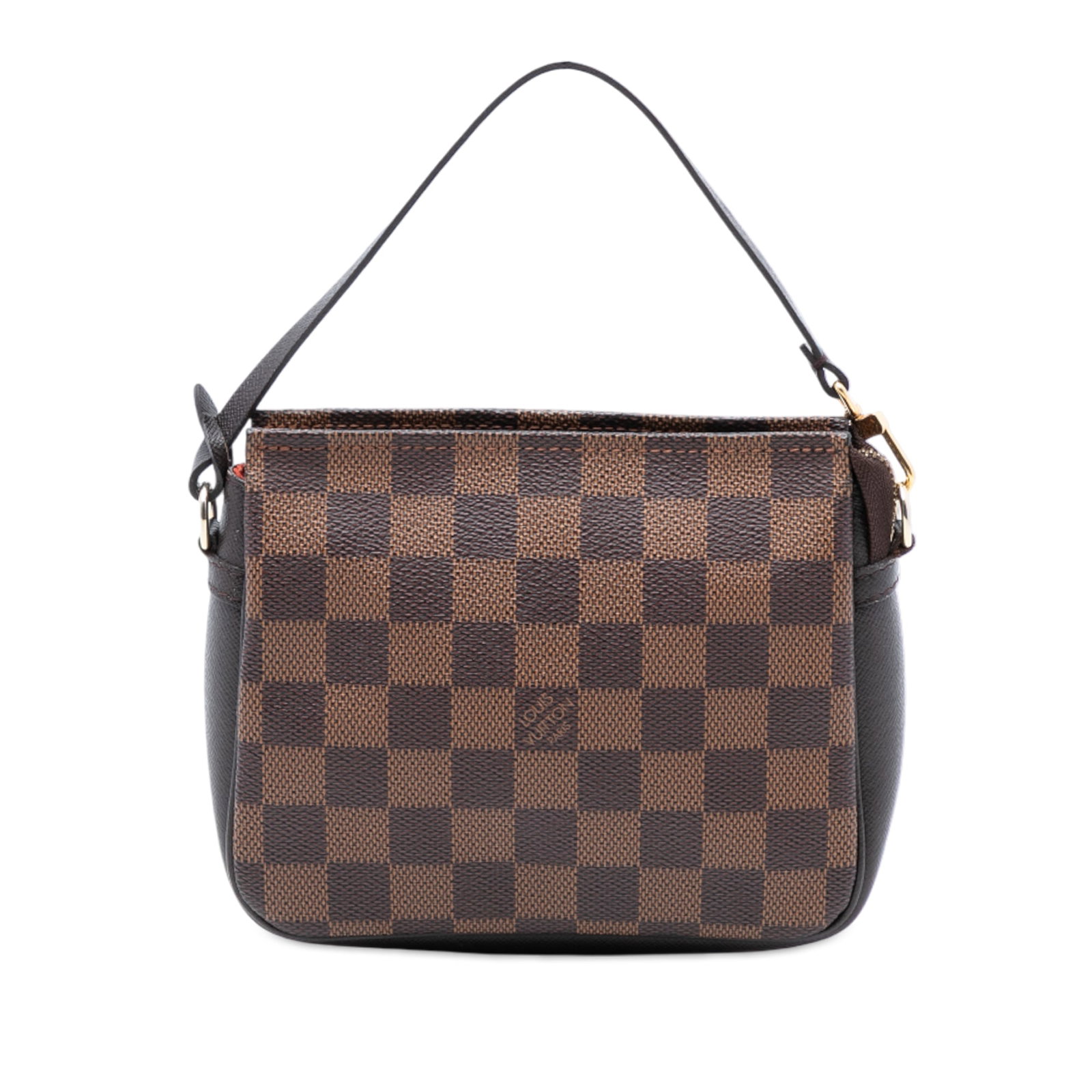 Damier Ebene Canvas Pouch with Leather Strap by Louis Vuitton: Damier Ebene Canvas Pouch with Leather Strap by Louis Vuitton This Louis Vuitton Damier Ebene Trousse Pochette showcases the signature damier ebene canvas body with leather trim. It features a flat le