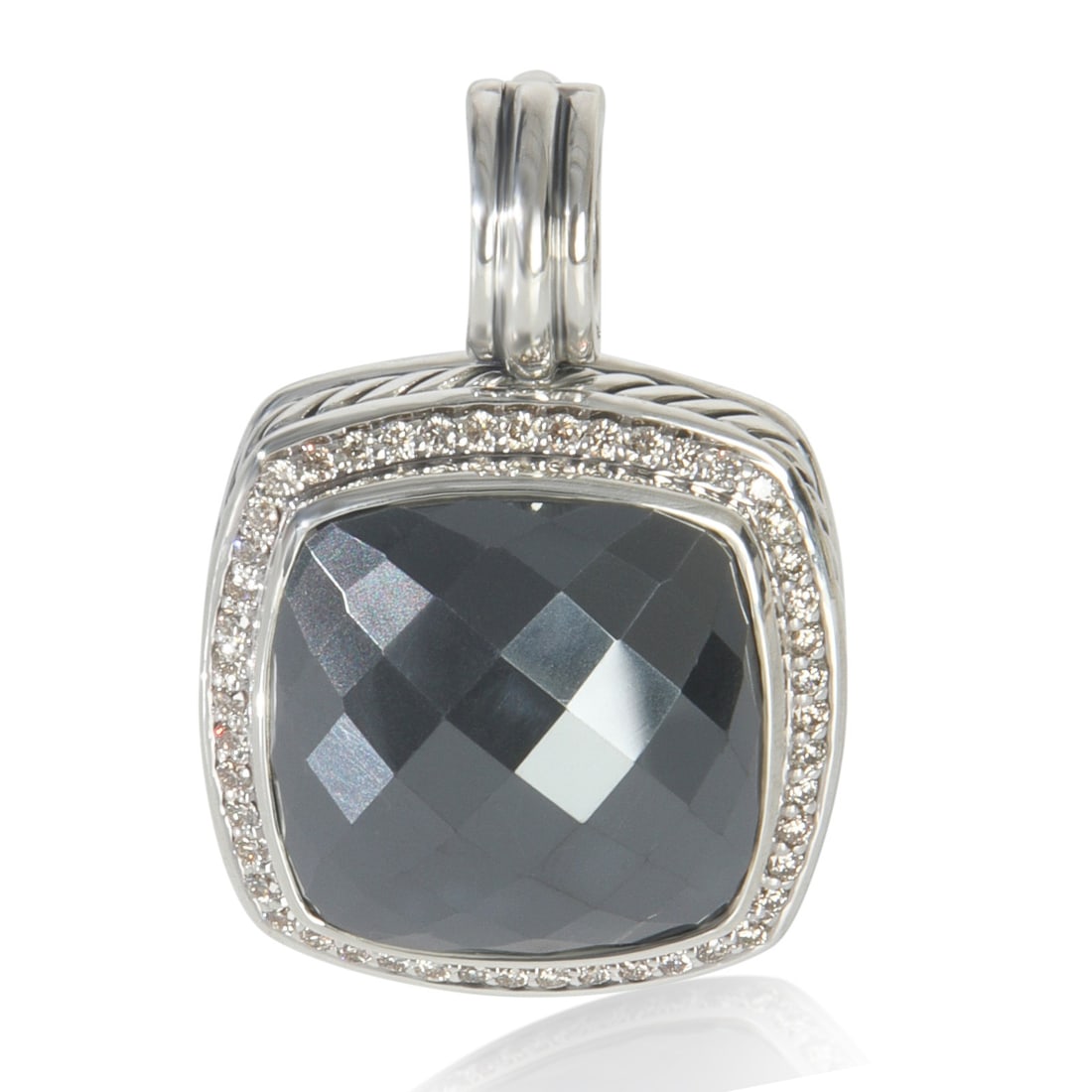 Hematite and Diamond Pendant in Sterling Silver 17mm Albion Collection: Hematite and Diamond Pendant in Sterling Silver 17mm Albion Collection This David Yurman pendant from the 17mm Albion collection features a round brilliant hematite as the main stone, accented by diam