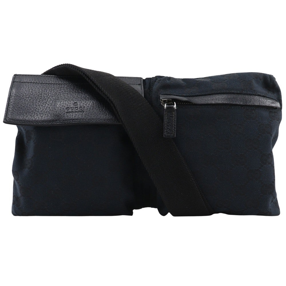 Gucci Black Canvas Vintage Double Belt Bag Unisex Italy: Gucci Black Canvas Vintage Double Belt Bag Unisex Italy This Gucci Vintage Double Belt Bag features GG canvas with leather accents in black. Designed for unisex use, it offers a classic style and prac