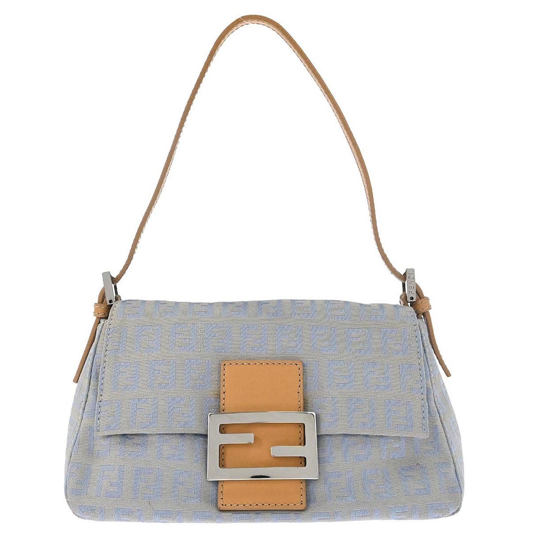 Fendi Zucchino Mini Top Handle Canvas Bag in Light Blue: Fendi Zucchino Mini Top Handle Canvas Bag in Light Blue This Fendi light blue Zucchino mini handbag features a signature logo pattern and a top handle design. Crafted from durable canvas with leather 