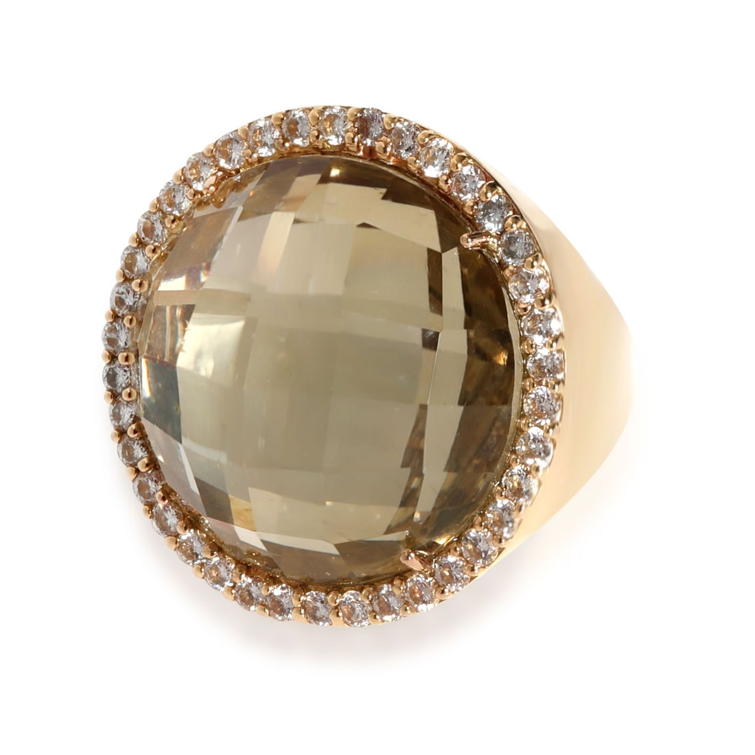 Quartz and Diamond Cocktail Ring by Roberto Coin in 18K Yellow Gold: Quartz and Diamond Cocktail Ring by Roberto Coin in 18K Yellow Gold This Roberto Coin cocktail ring features a round colorless quartz doublet as the main stone, accented by diamonds with a total weigh