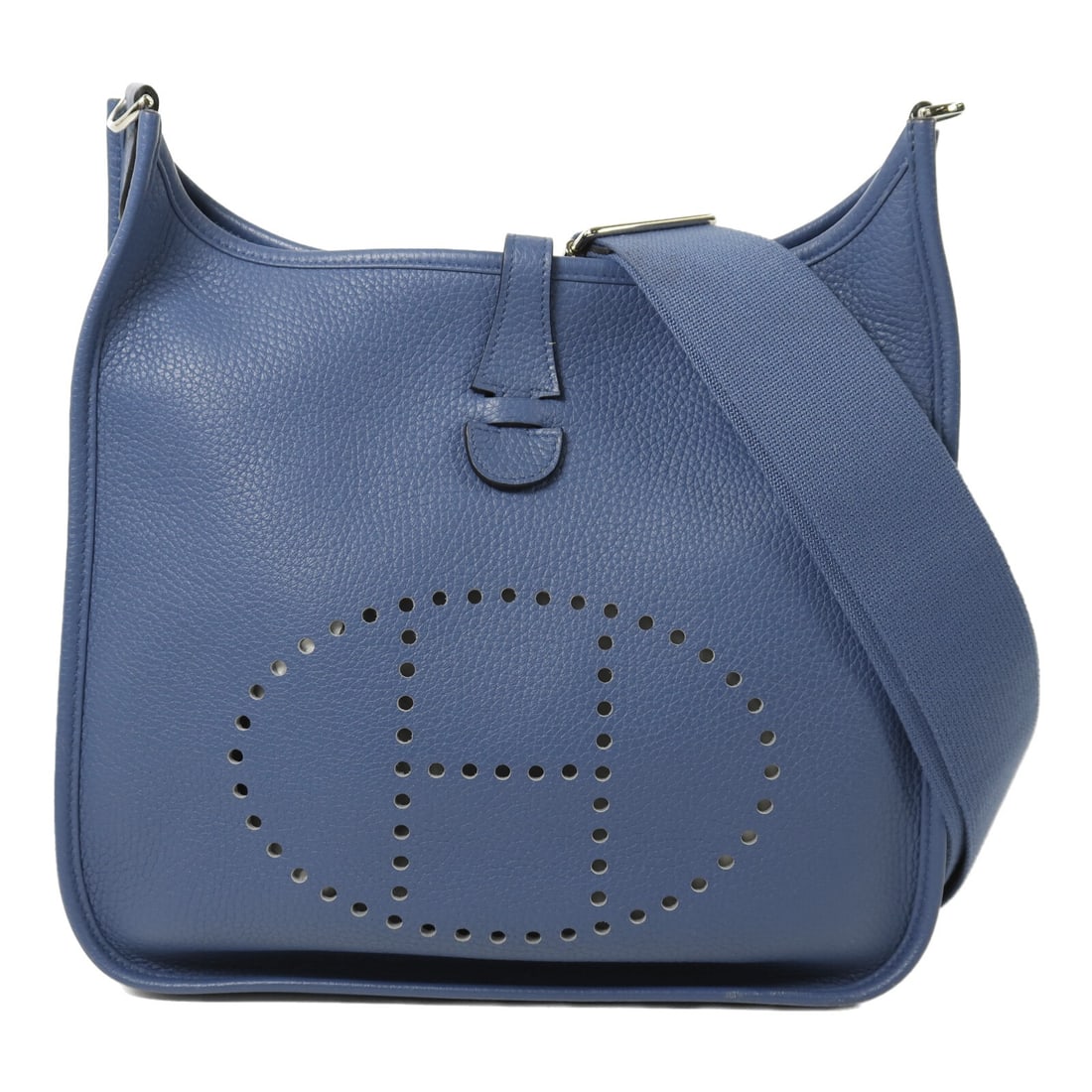 Hermes Evelyne PM Blue Clemence Leather Shoulder Bag with Palladium Hardware: Hermes Evelyne PM Blue Clemence Leather Shoulder Bag with Palladium Hardware This Hermes Evelyne PM shoulder bag is crafted from Taurillon Clemence leather in Bleu Agate, featuring palladium hardware.