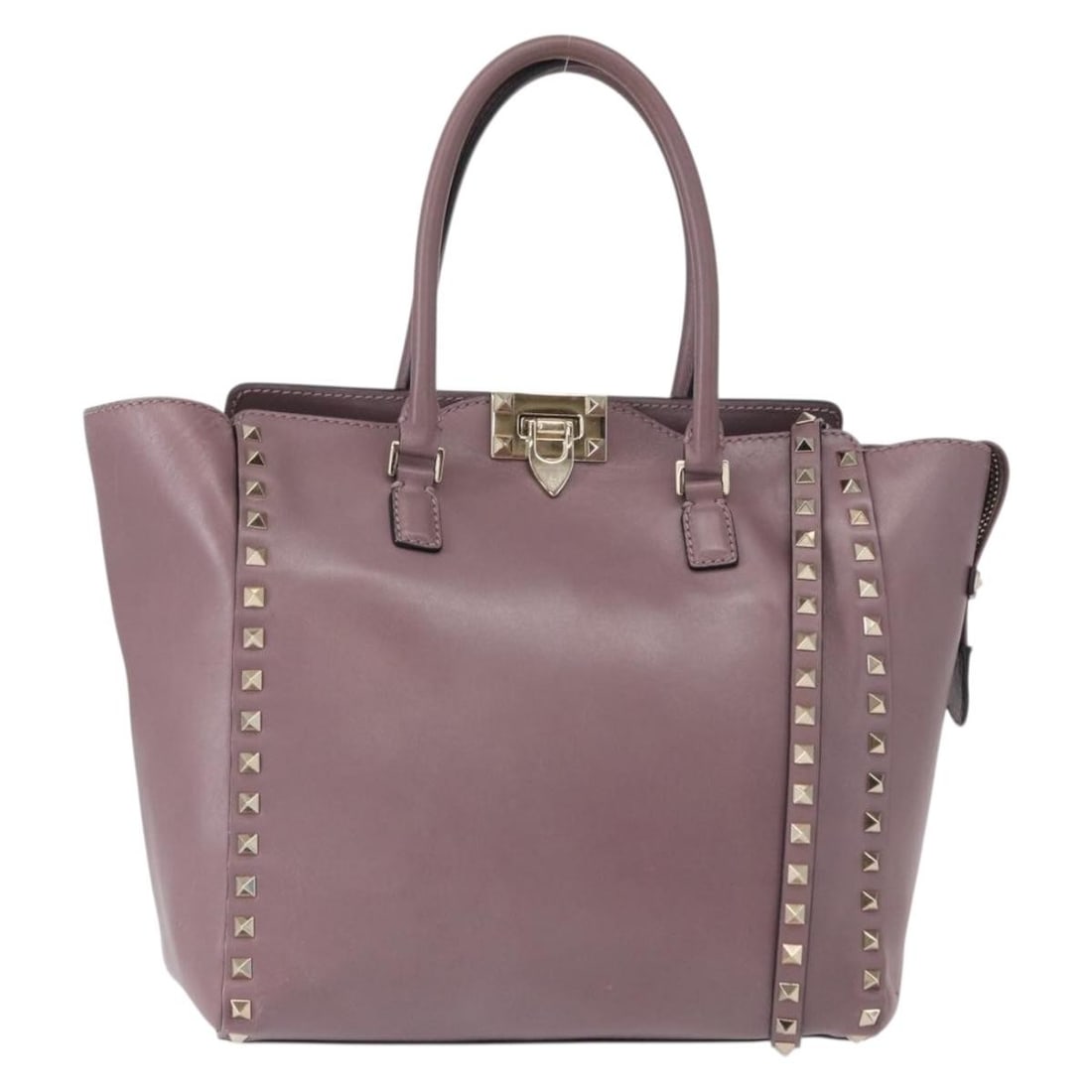 Purple Leather Rockstud Tote Bag by Valentino Garavani Italy 26cm: Purple Leather Rockstud Tote Bag by Valentino Garavani Italy 26cm This Valentino Garavani Rockstud Tote is crafted from rigid purple leather and features iconic Rockstud detailing. Designed for women,